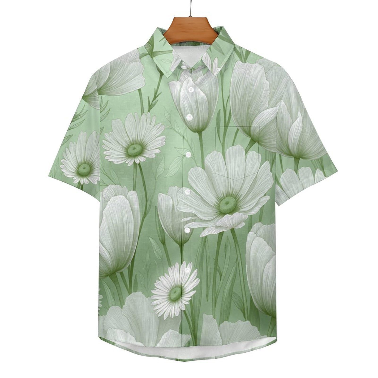 Camicia da Uomo a Maniche Corte con Bottoni, Stile Fiori Dipinti A Mano con Stampa Tulipani Margherite, vestibilità Regolare, Camicie da Spiaggia Estiva Hawaiano, Aloha