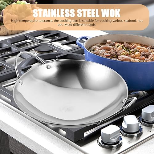 Miniatura 5 de Kichvoe Wok Sartenes de acero inoxidable para freír Pow Stir Fry 2 piezas de fondo plano para uso diario con doble asa olla de cocina para placa de