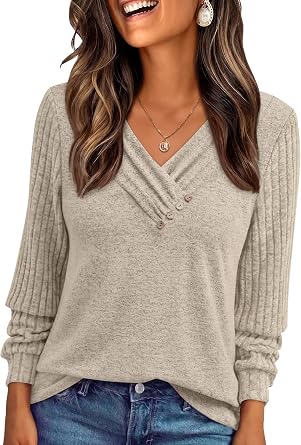 LILLUSORY Womens Long Sleeve Tunic Fall Tops V Neck Button Shirts 2026