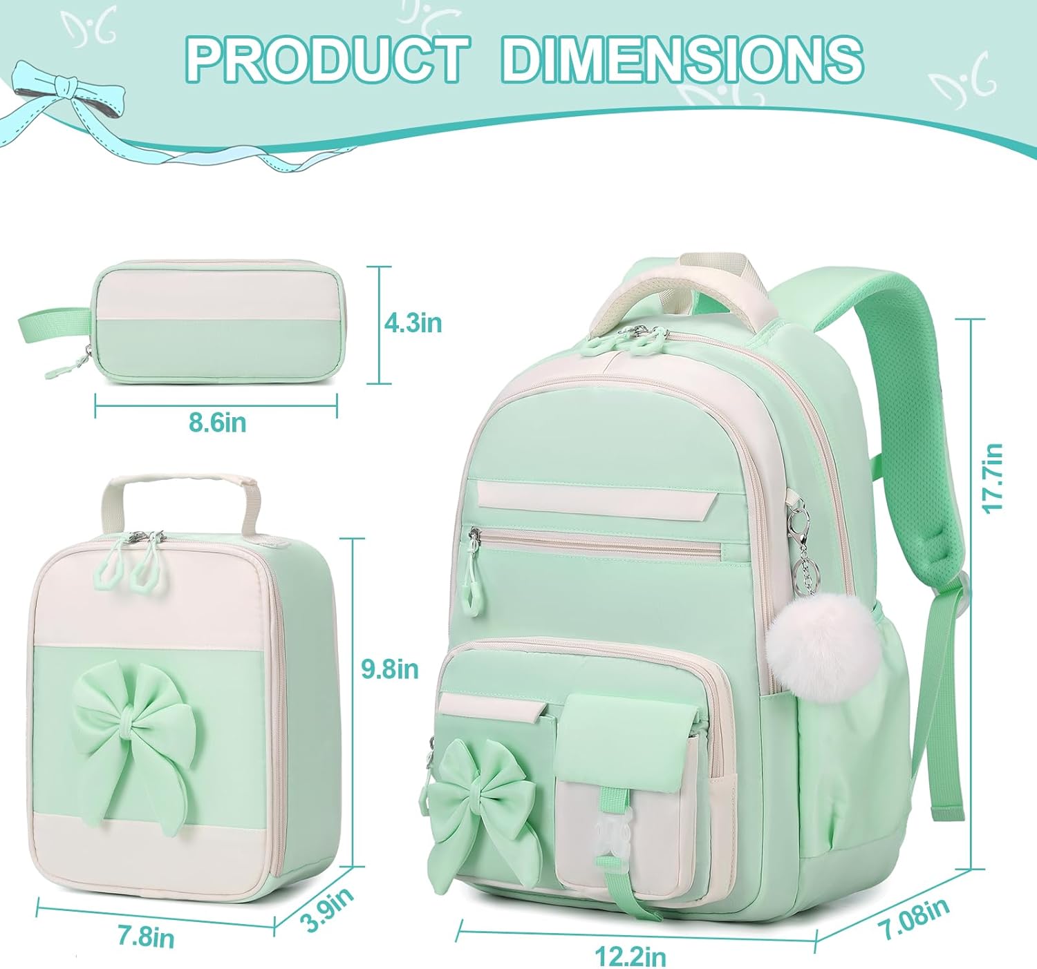Backpack for Girls, 3PCS Girls Backpack for School with Lunch Bag Pencil Case, Cute Kids Teens Bookbag for Kindergarten Elementary Preschool Middle School (Green) - Image 2