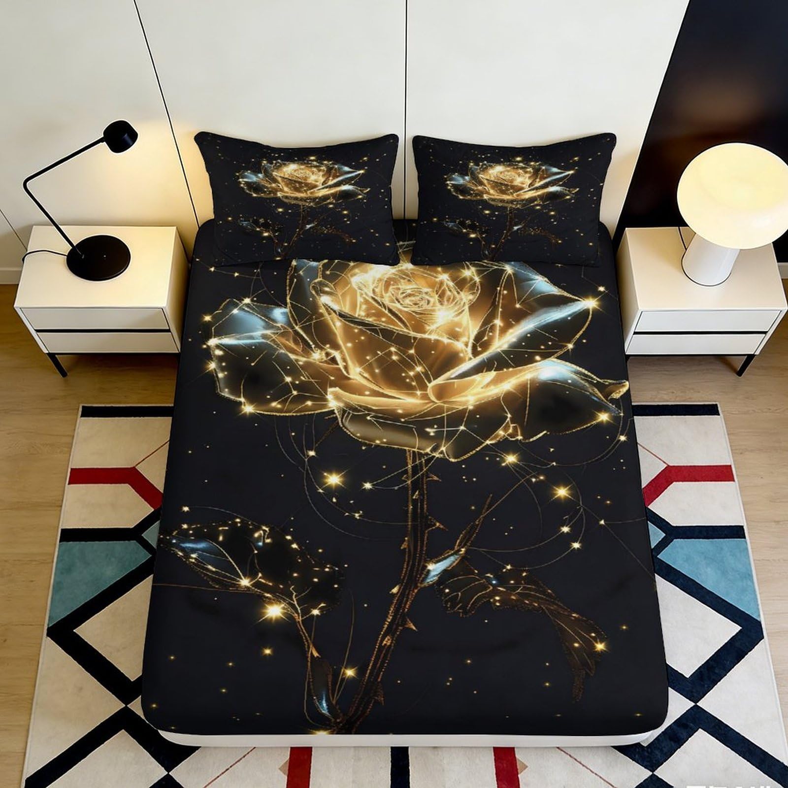 3D Printed Golden Rose Fitted Sheet Microfiber Soft Breathable Sparkling Floral Bed Cover for Bedroom Guest Room Decor 90x200x25cm