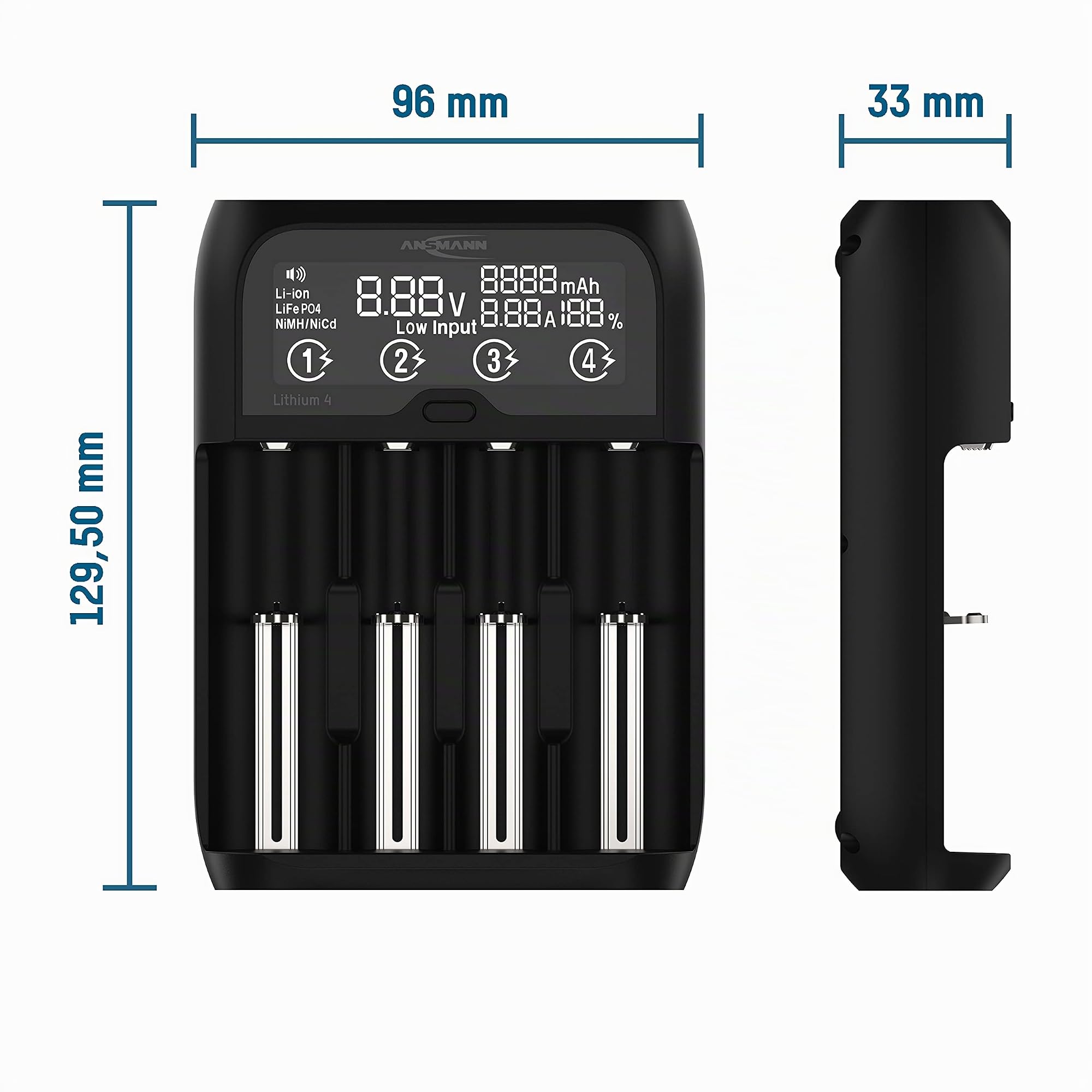 ANSMANN Akku Ladegerät für 1-2 NiMH Akkus AAA AA Baby C oder 4 Li-Ion 3,6V/3,7V / LiFePO4 (3,2V) 26650, 22650, 18650, 18500, 17670, 16340, 14500