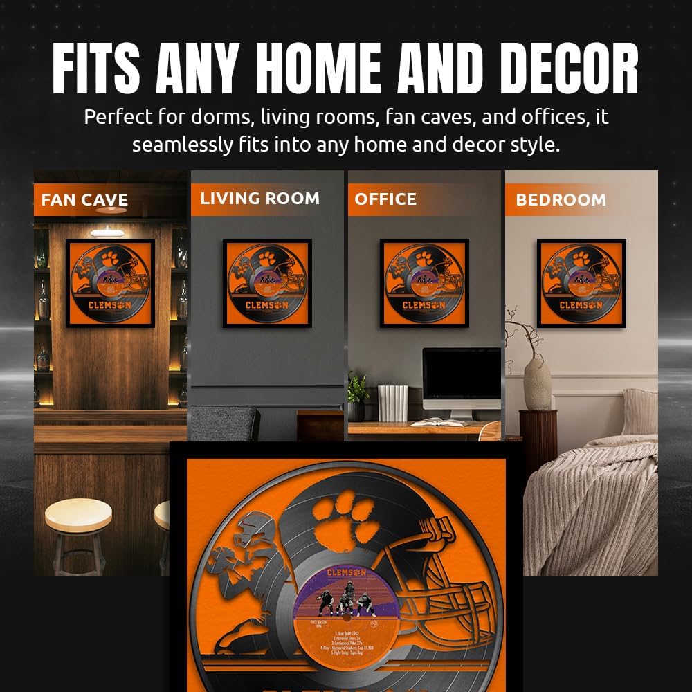Sporticulture Football Wall Art Framed Vinyl Record Decor Print - 13X13 NCAA Football Posters For Boys Bedroom & Decorations for Man Cave - Clemson Tigers