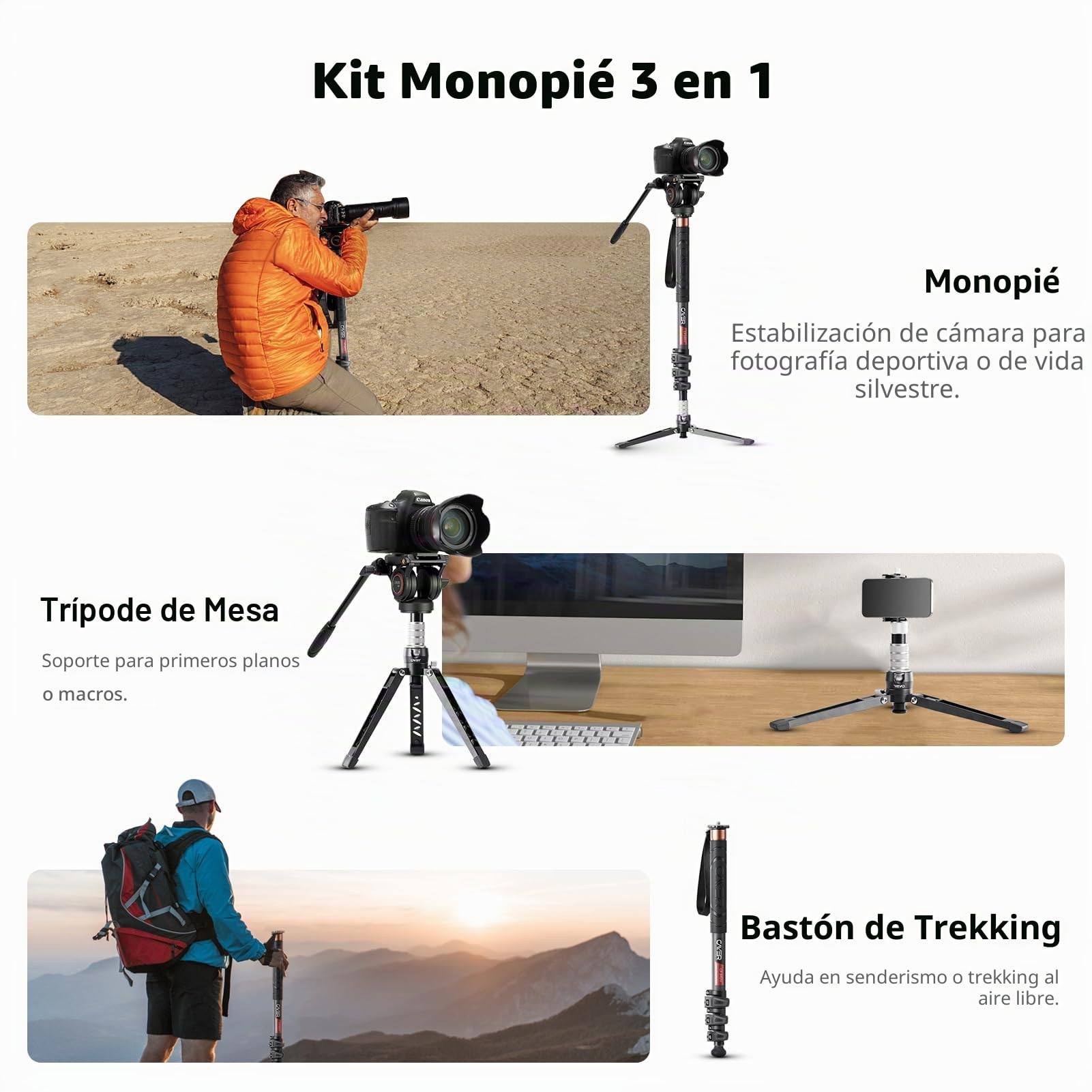 Cayer CF34DV Monopod para Video Profesional Cámara telescópica de Fibra de Carbono de 71 "Monopod con Cabezal de Movimiento de inclinación Horizontal y Base de trípode de 3 Patas