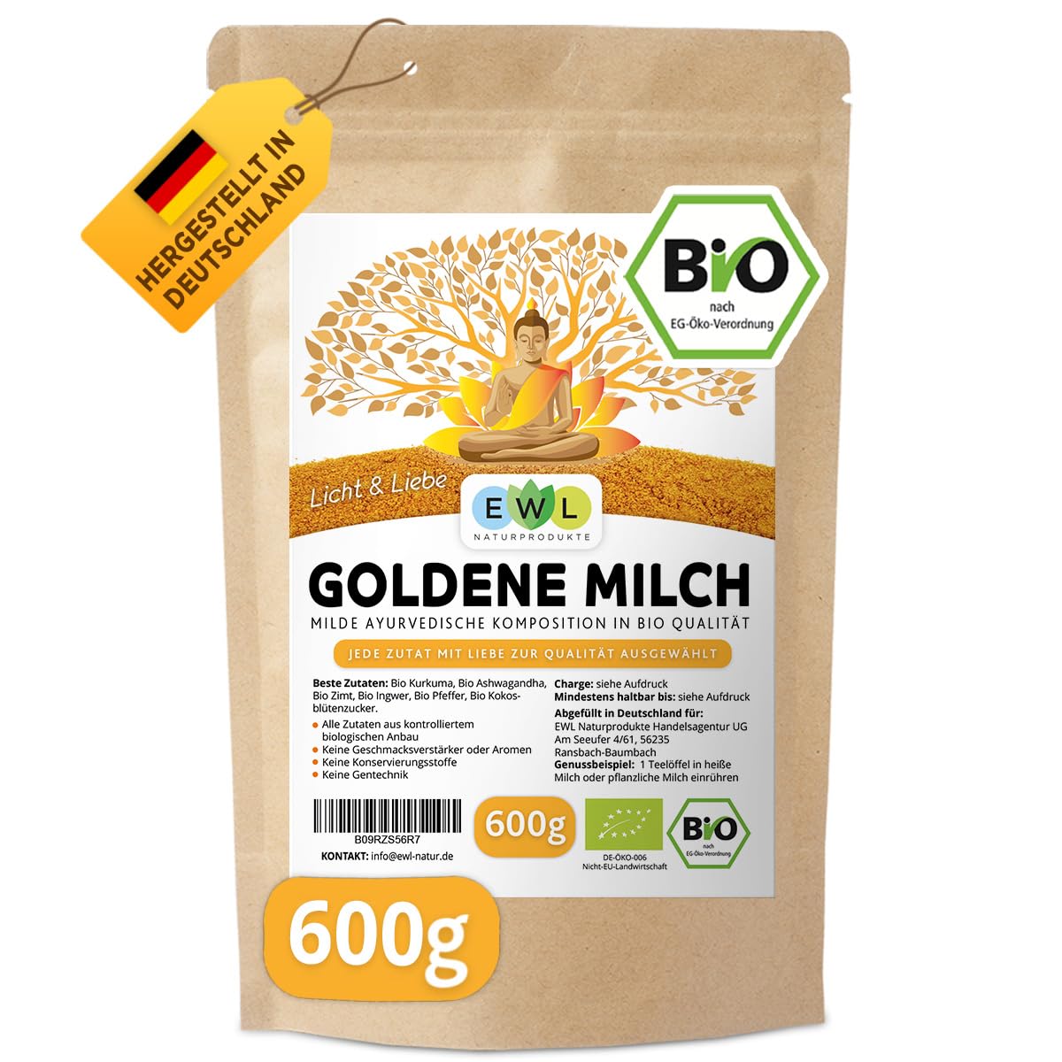 EWL Naturprodukte BIO Goldene Milch 600 g, Golden Milk mit Kurkuma, Ingwer, Ashwagandha, Ceylon Zimt, Ceylon Pfeffer und Kokosblütenzucker