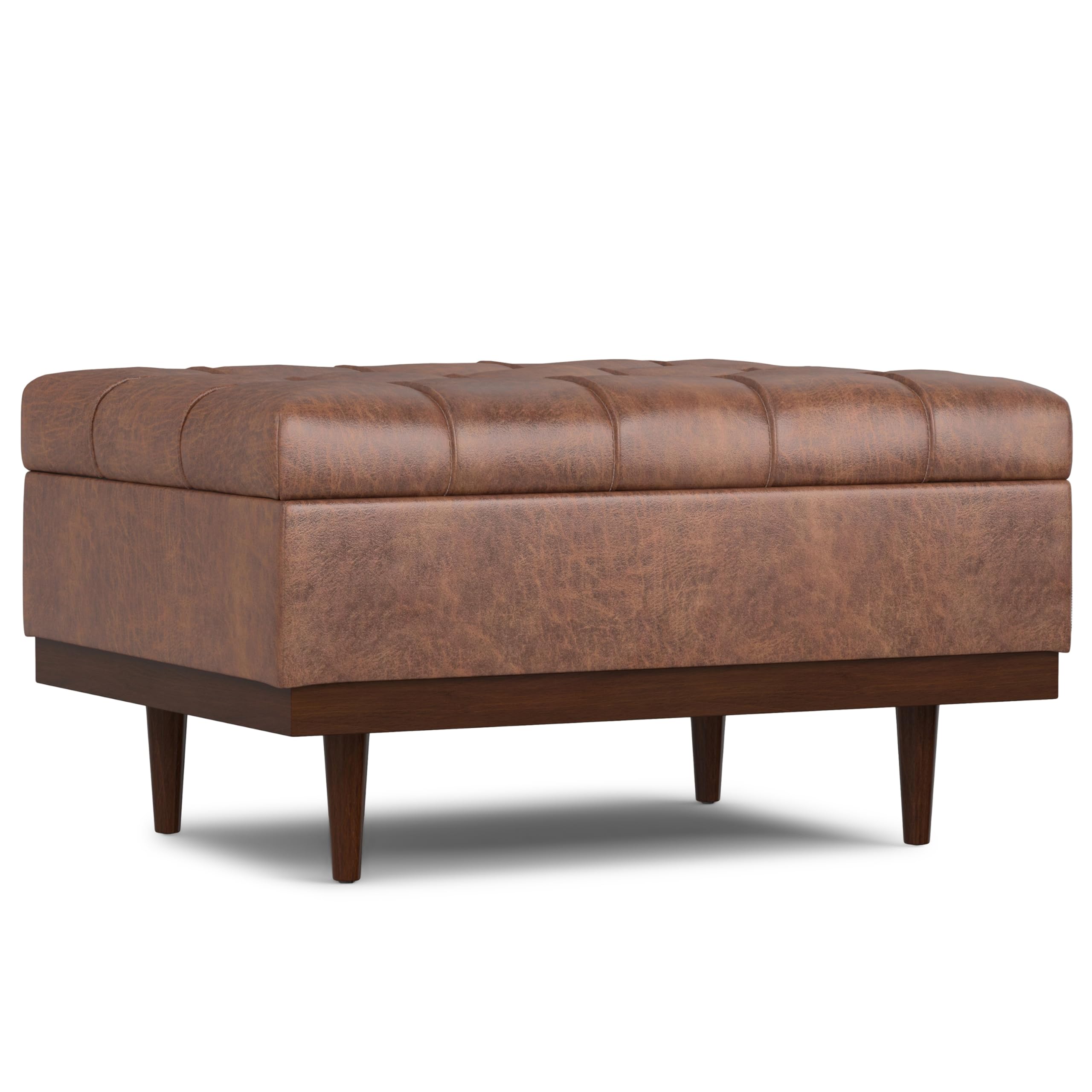 SIMPLIHOME Mariah 34 inch Wide Contemporary Rectangle Coffee Table Storage Ottoman in Distressed Saddle Brown Vegan Faux Leather, Assembled, For the