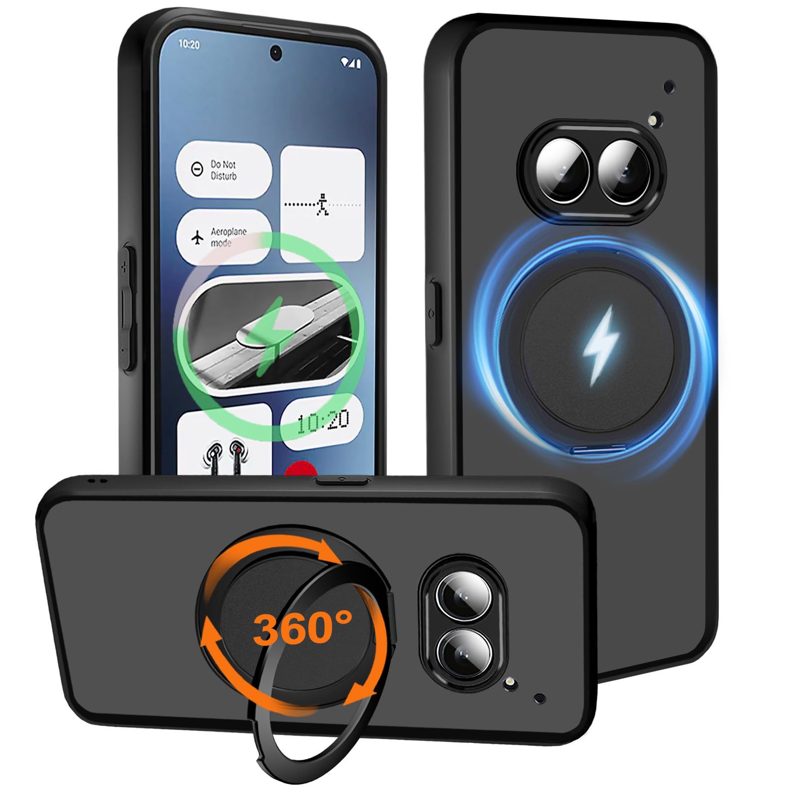 HikerClub Magnetic Stand Case for Nothing Phone 2a and 2a Plus (2024) Rotating Ring Kickstand, Slim Fit Anti-Scratch Translucent Matt Black Shockproof Case, Black