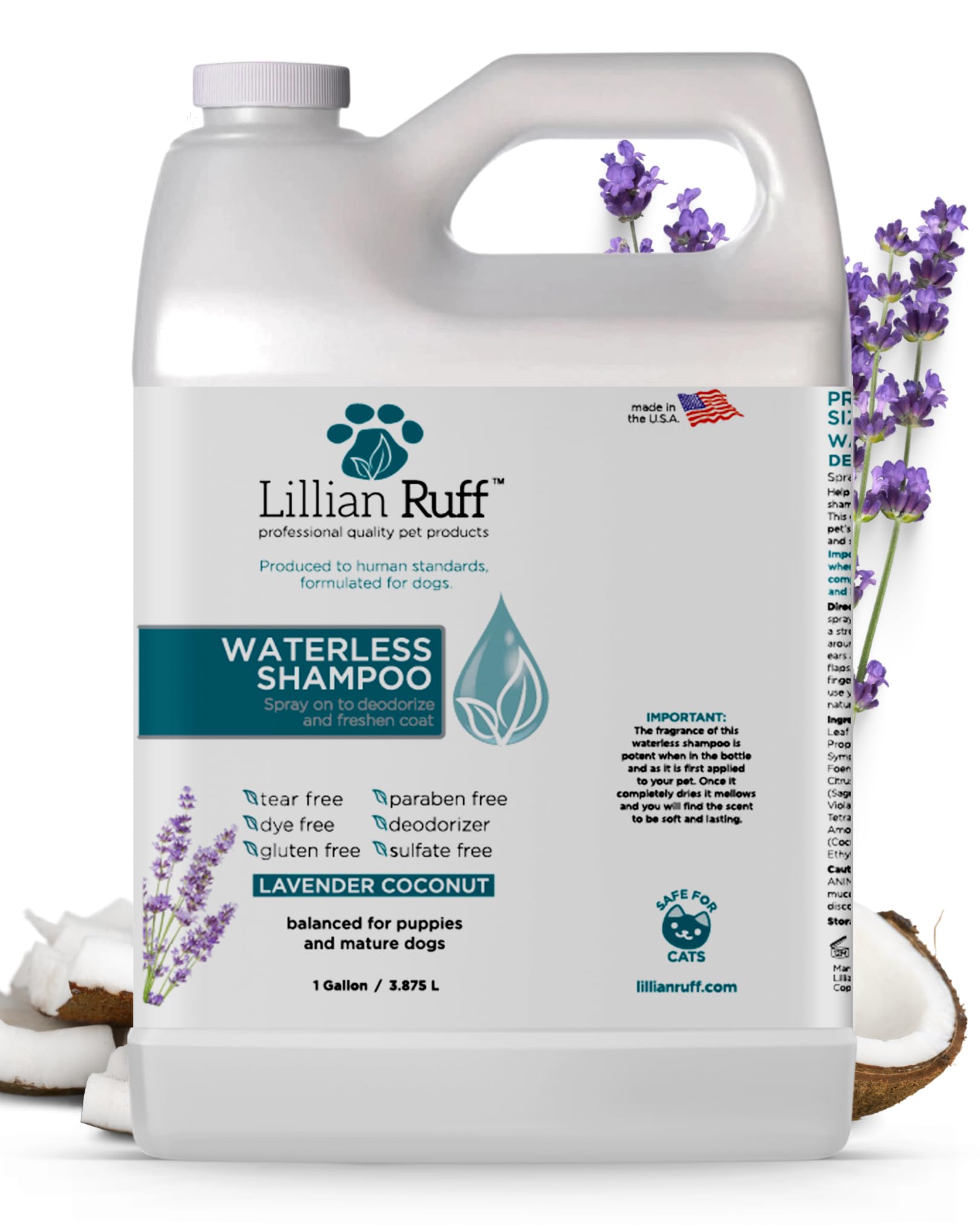 Lillian Ruff Waterless No-Rinse Dog Dry Shampoo Spray with Hydrating Essential Oils - pH-Balanced Dry Shampoo for Dogs - Clean, Condition, Detangle & Deodorize Dry, Sensitive Skin (Gallon)