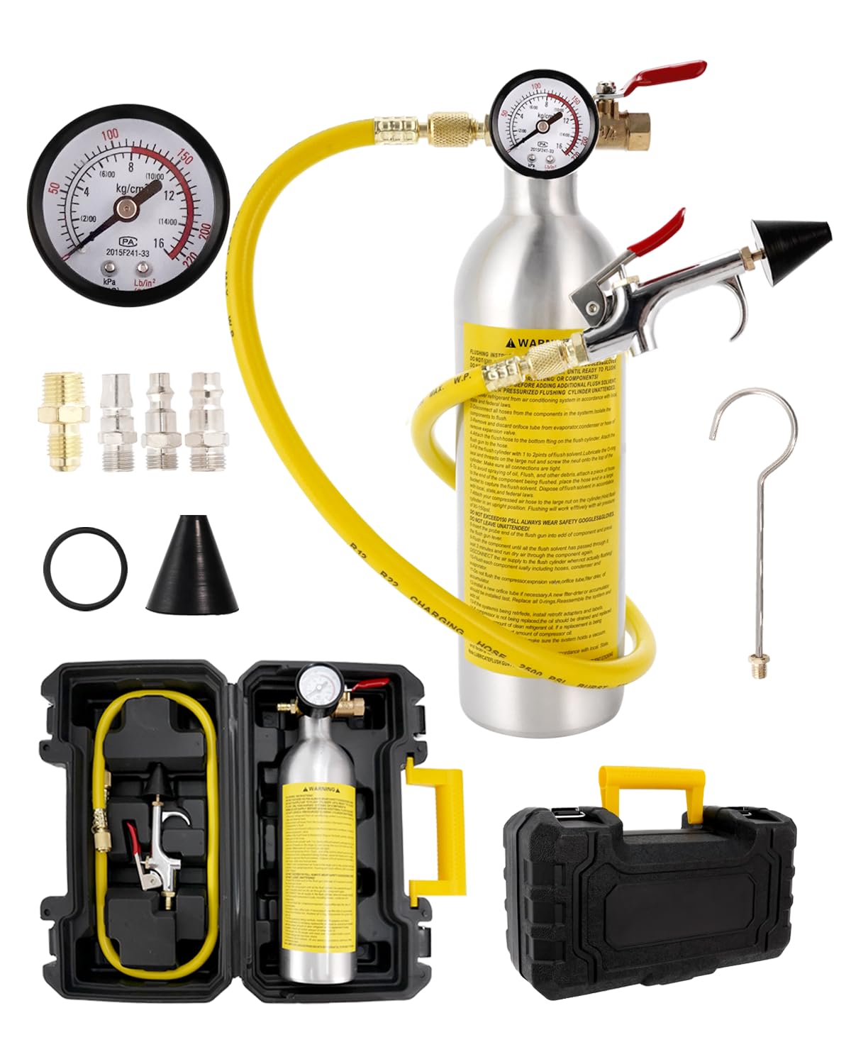 AC Flush Kit Stainless Steel Air Conditioner System Cleaning Tool with Canister, Gauge, Hose and Fittings for Car AC Lines, Condenser, Evaporator and Refrigerator Pipeline Maintenance