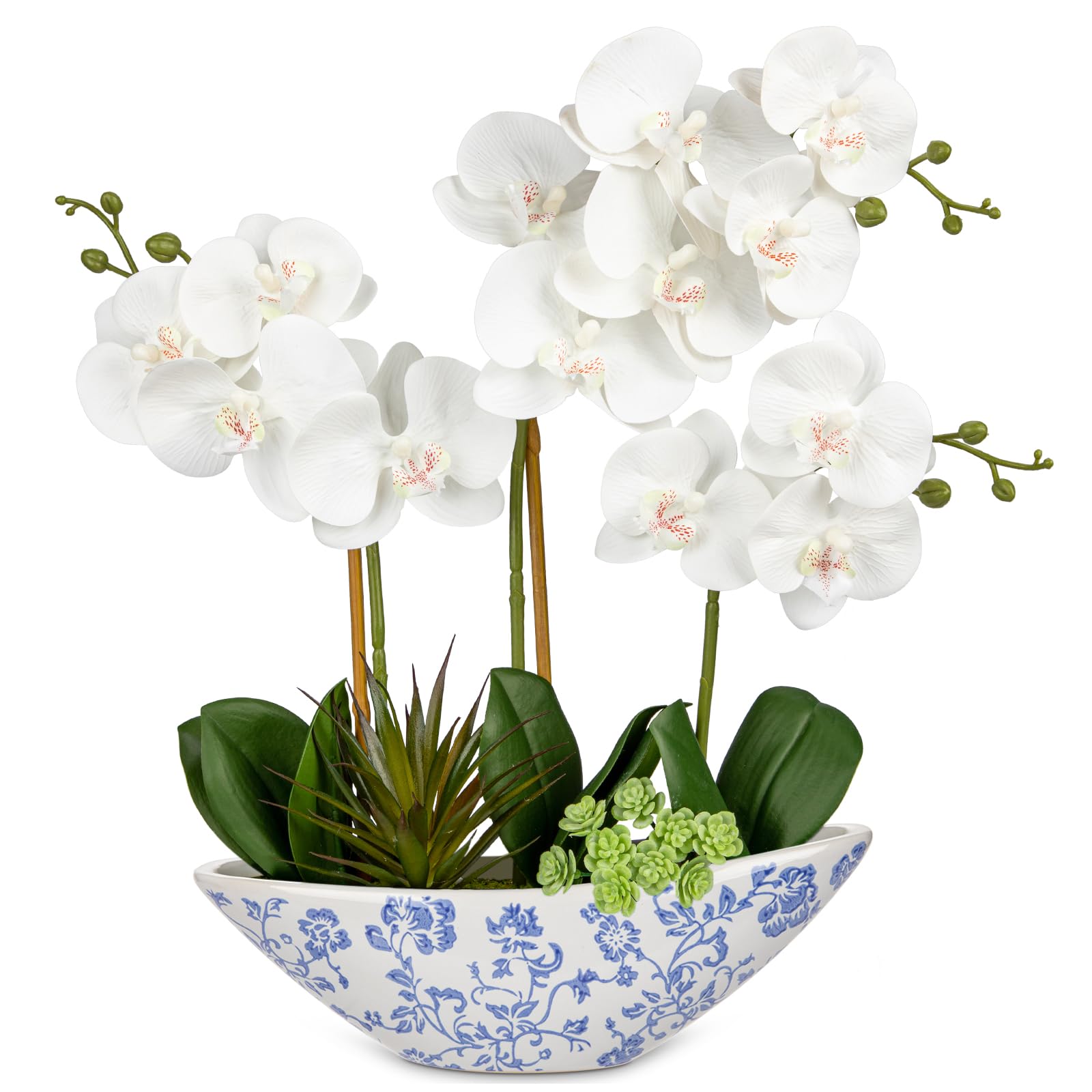 Oairse Kunstpflanze Orchideen Künstliche Deko Blumen Kunstblumen Wie Echt Mit Real-Touch Blüten im Weißer und Blauer Keramikvase Tischdeko Fensterbank Deko, Höhe 44cm