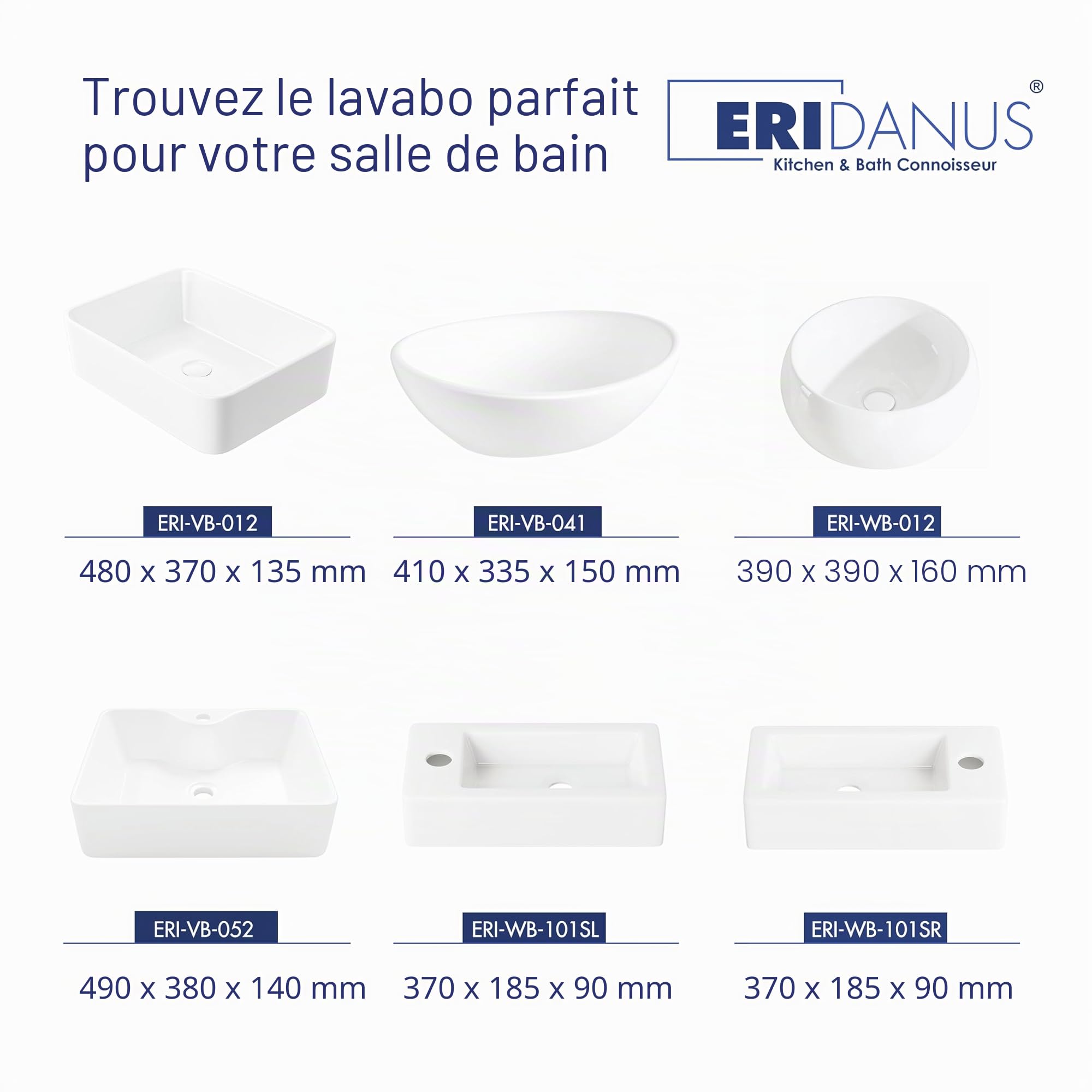 Eridanus Lavabo rectangulaire en céramique avec trou pour robinet, lavabo en céramique de qualité supérieure, lavabo en porcelaine vitreuse pour salle de bain, vasque, brillant blanc - 490 x 370 x 140