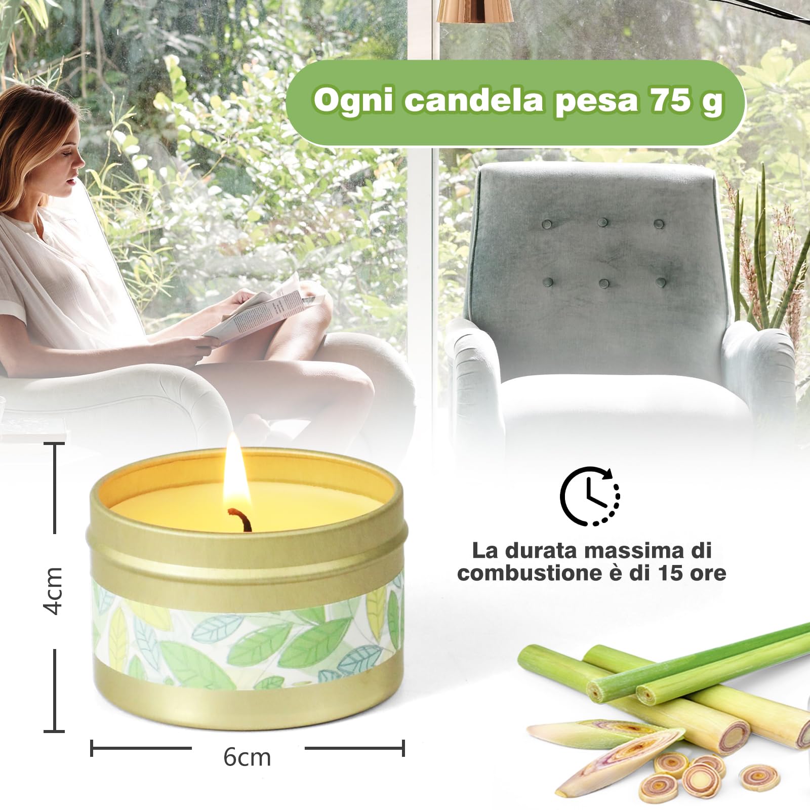 SCENTORINI Candele alla Citronella, 6 Candele in Cera di Soia Naturale Estiva per Interni Esterni Giardino Viaggio Campeggio Picnic