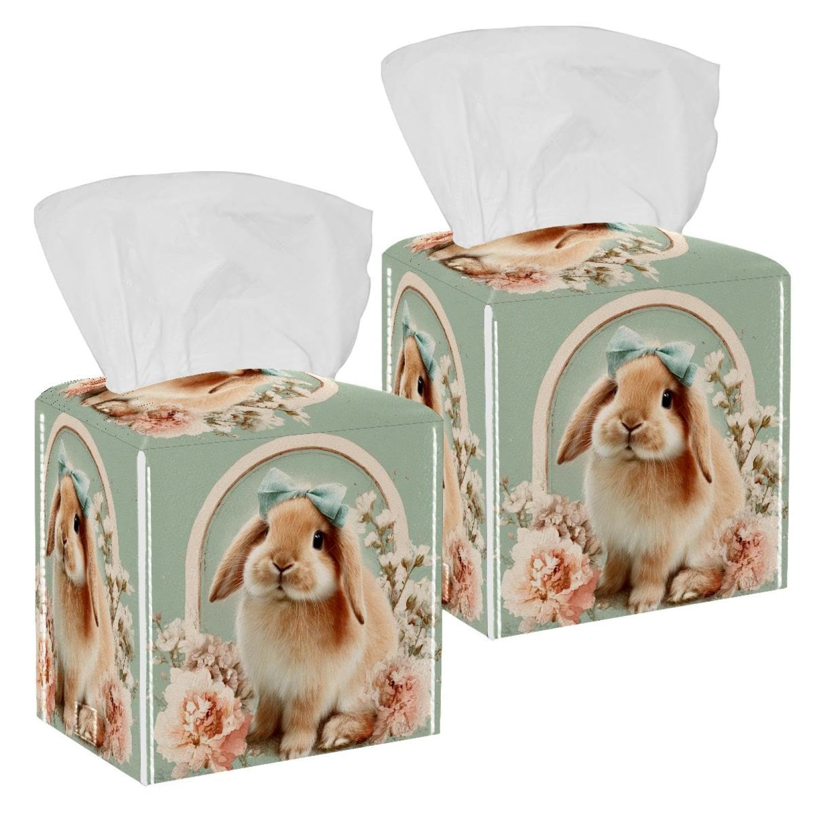 Cute Rabbit Tissue Box Cover, 2 Pack PU Leather Square Facial Tissue Dispenser Box holder for Home Office Car
