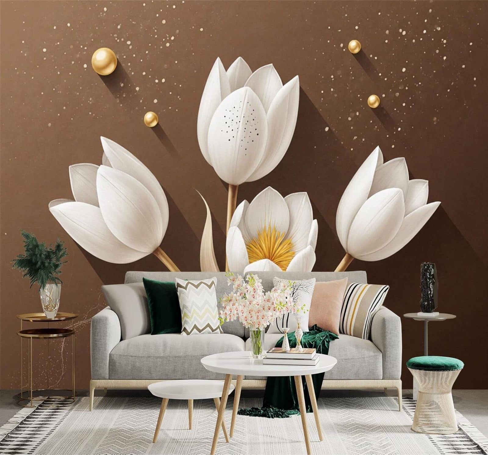 XLMING Three Dimensional White Tulip Flowers Brown Background Gold Accents 3D Wallpaper Silky Texture Home Study Office Grey Dining Room Sofa Bedroom Living Room TV Backdrop-250cm×170cm
