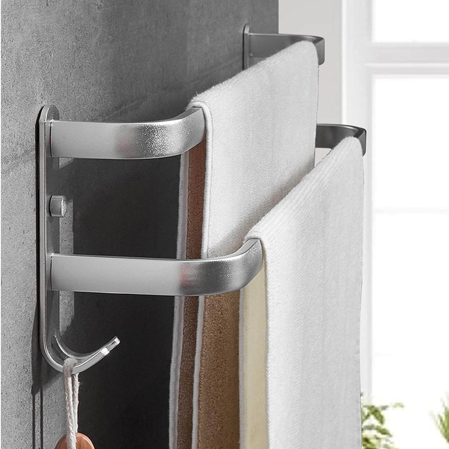 Toallero montado en la Pared, Barra Doble Plateada de 40 cm - 60 cm con Ganchos para toallero, toallero de Acero Inoxidable para Cocina, baño o Inodoro, Acabado Pulido, Multicolor, 40 cm