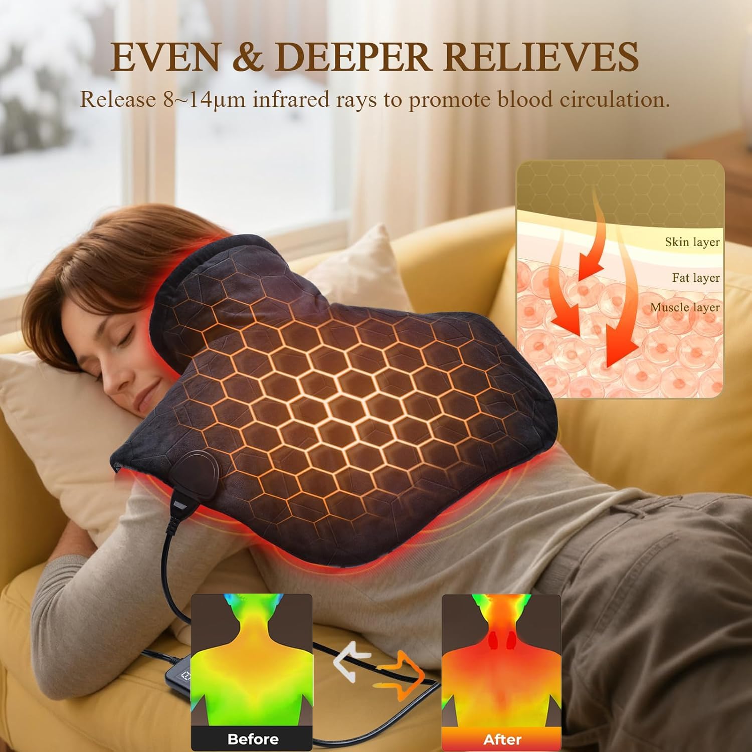 Far Infrared Heating Pad for Neck and Shoulders – 2X Carbon Fiber 6X Deeper Heat for Fast Relief from Chronic Pain in Seniors – 8 Heat Levels, 4H Auto Shut Off, Ideal for Winter (Black) - Image 3