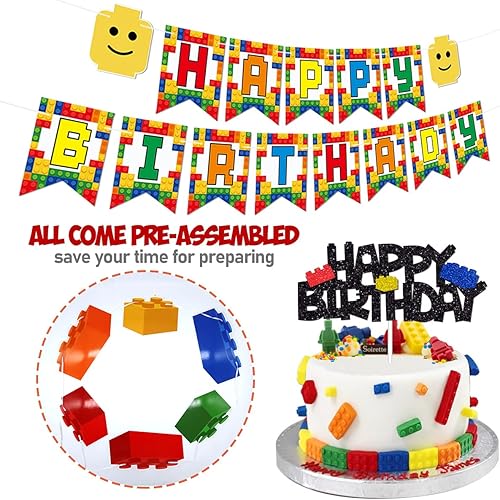 Miniatura 2 de Paquete de decoraciones de fiesta de cumpleaños con temática de bloques de construcción, incluye pancartas y globos con purpurina para tartas,