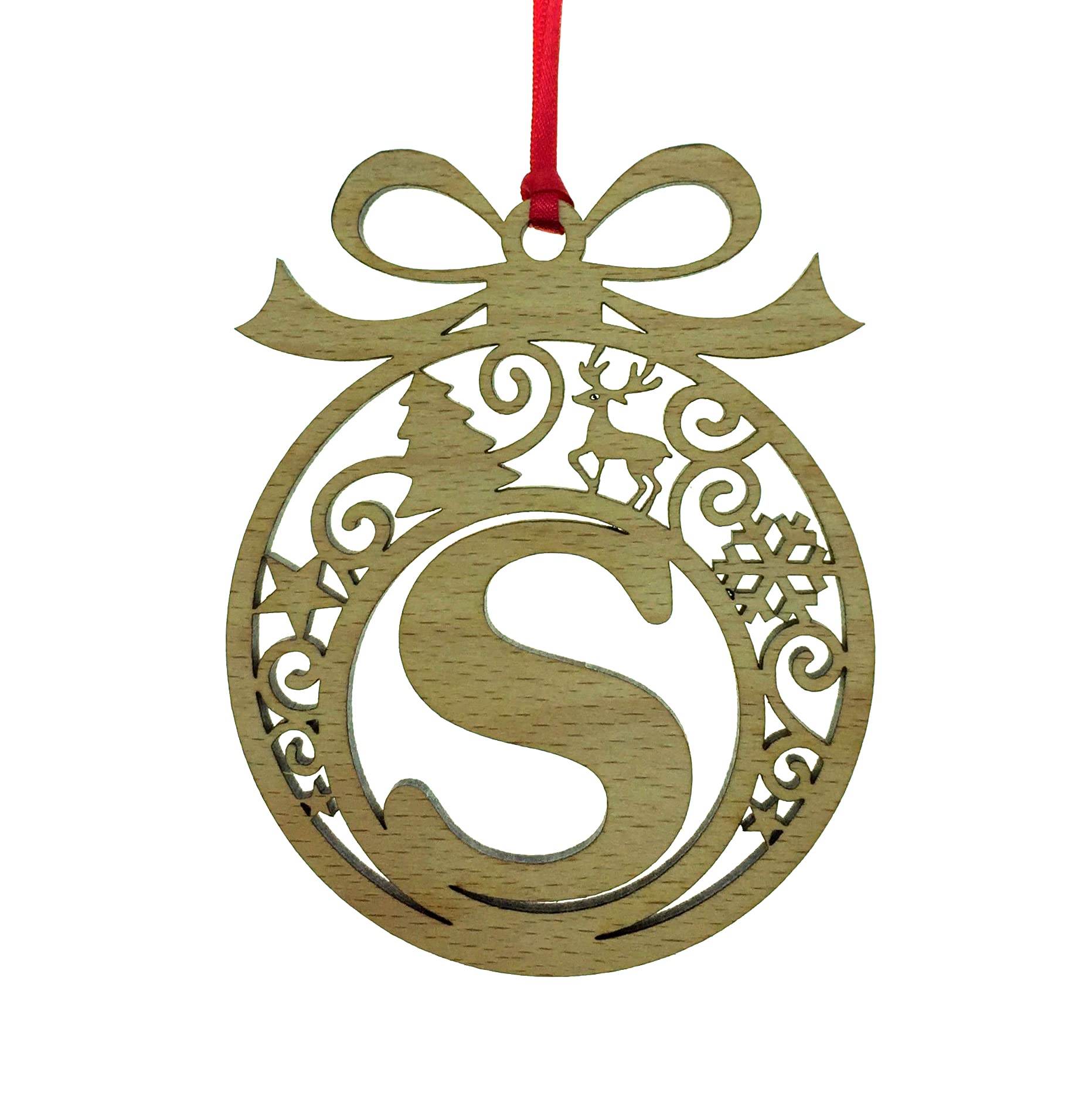 Personalised Christmas tree bauble decoration pendant ornament: Letter S, Natural Wood, Small