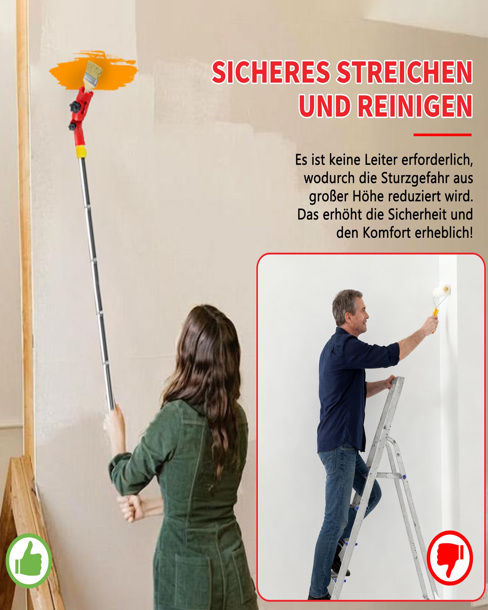 Mehrwinkel Pinsel Verlängerung Farbpinsel: 1,8m Edelstahl Teleskop mit 6 Stangen für Deckenstreichen Hausrenovierung Handwerker Heim