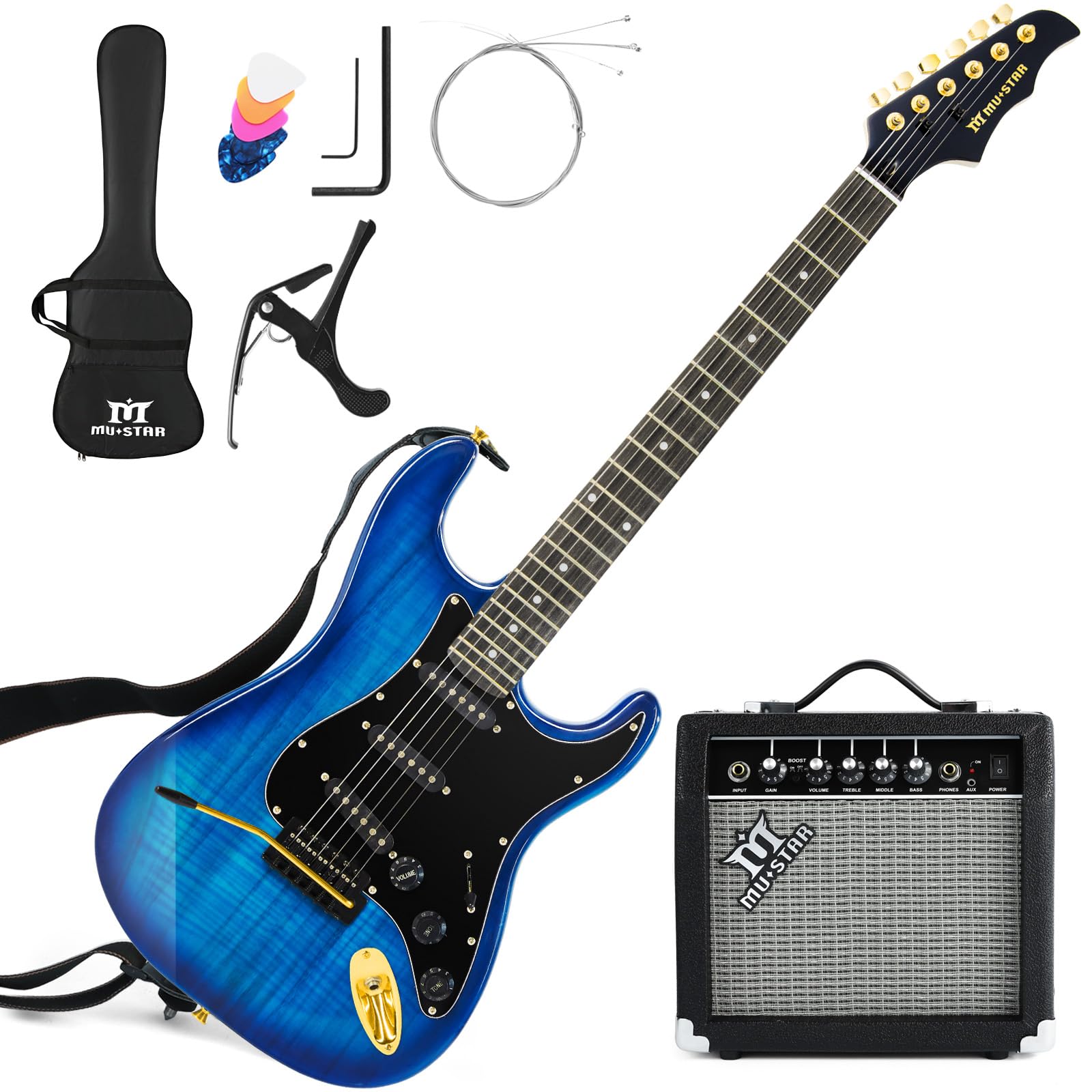 Sponsored Ad - Electric Guitar Kit with 25W Amplifier, 39 Inch Full Size Solid Wood Electric Guitar Beginner Kits, Gig Bag, Capo, Strap, Cable, Picks, Birthday Holiday Gifts (BLUE)