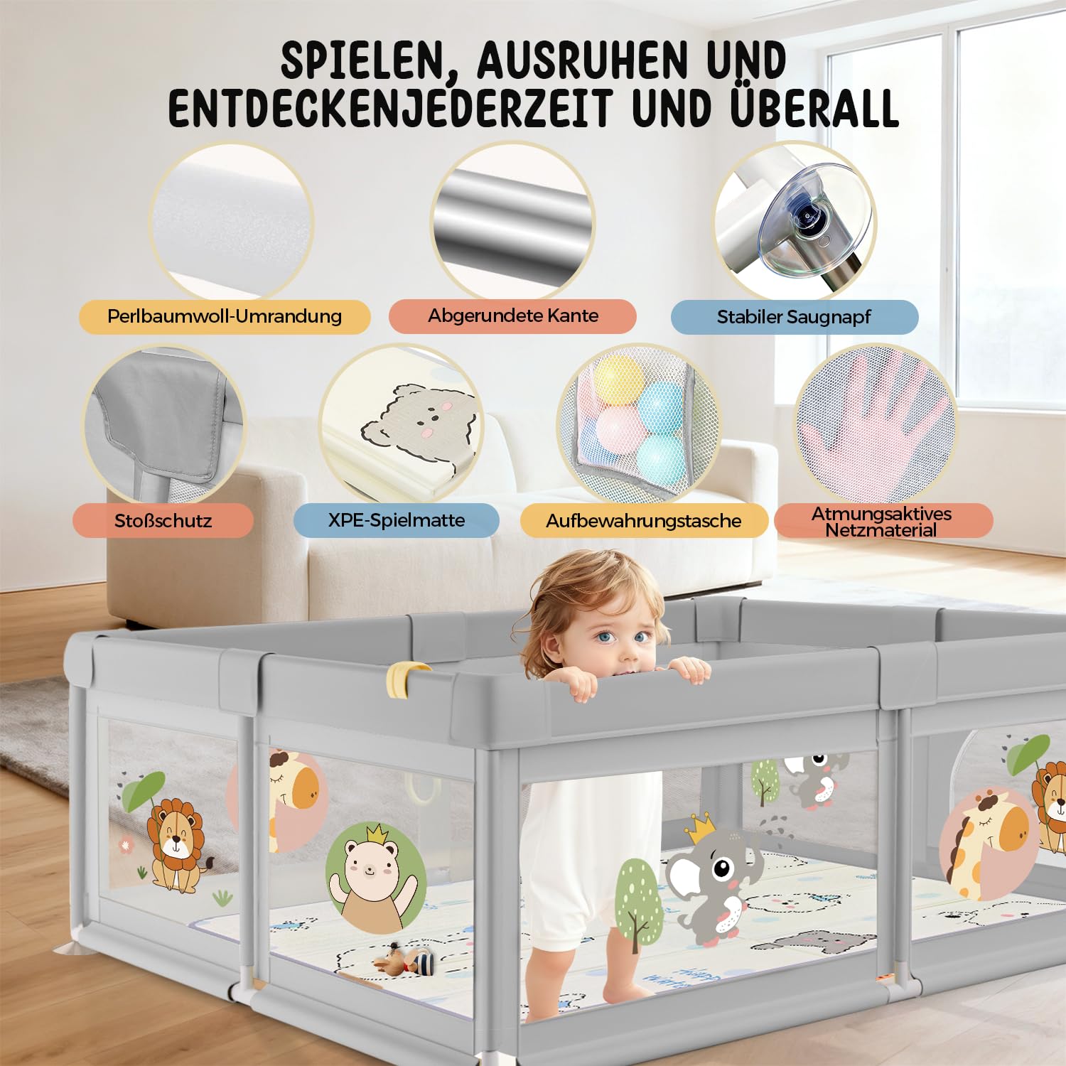 Box Bambini 120x120 con Tappeto, Box per Bambini 360° Rete Traspirante, Tessuto Oxford, Base antiscivolo, Porta con Cerniera, Sicurezza Antiscivolo Robusta Centro Attività, Leone Grigio