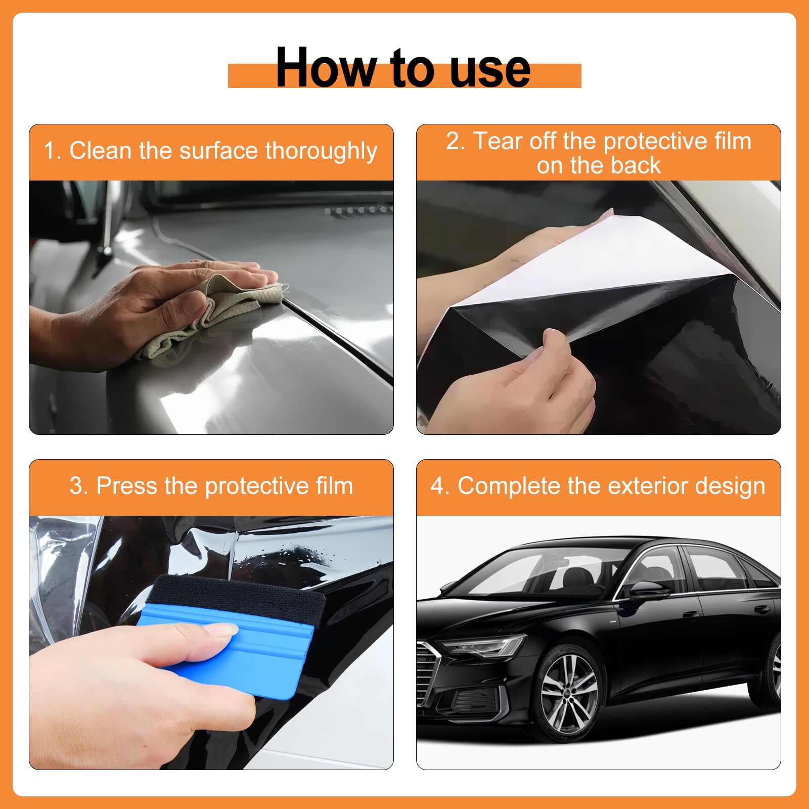 30x150 cm Pellicola Wrapping Nero Lucido, Permanente Vinile Adesivo, Senza Bolle Pellicola Adesiva per Auto, Rotolo Vinile Adesivo per Strisce Decorative Fai Da Te Pellicola Protettiva per Auto e Moto - 4