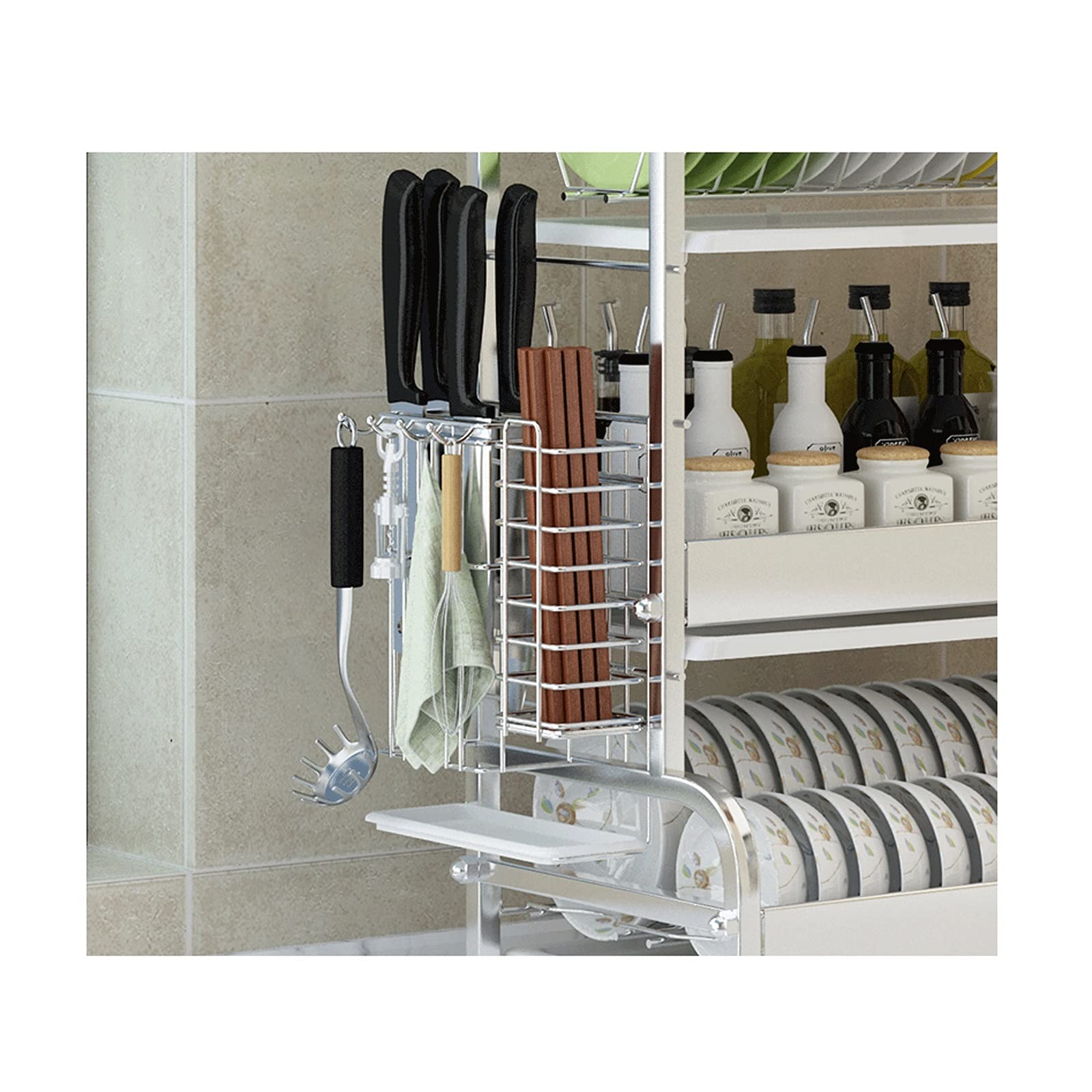 Saturey Drainage Küchenregale 304 Edelstahl-Geschirrträger-Spülbeetentabellen, Essstäbchen und Geschirr 3-Layer-Aufbewahrungsbox Edelstahlablauf (Color : A)