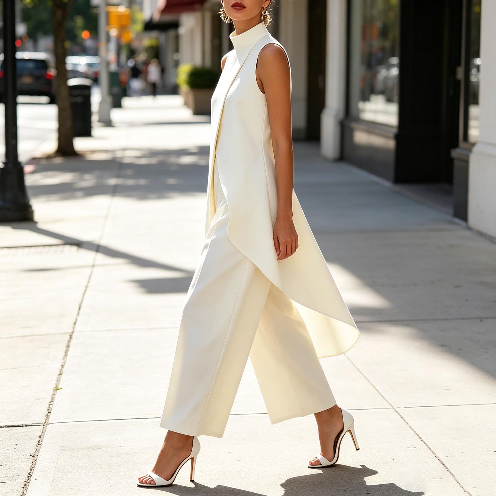 Generisch Zweiteiliges, ärmelloses Damen-Outfit mit Stehkragen: Elegantes, ärmelloses Top mit asymmetrischem High-Low-Schnitt und weite Hose