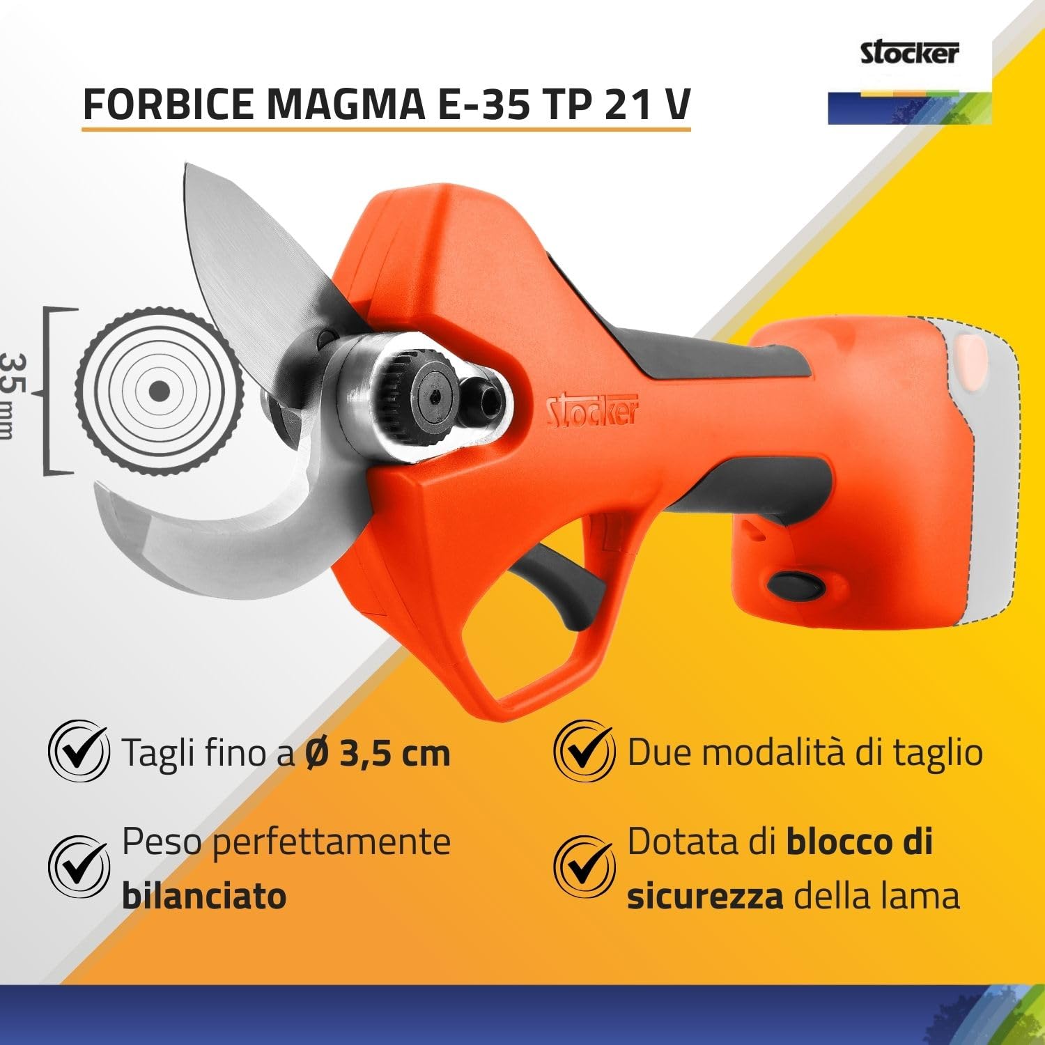 STOCKER - Kit Potatura con Forbice elettrica Magma E-35 TP 21V, Batteria Fast Charge 2,6Ah, Caricabatterie, Olio per manutenzione ed estensione di garanzia fino a 60 mesi – Taglio fino a 35 mm
