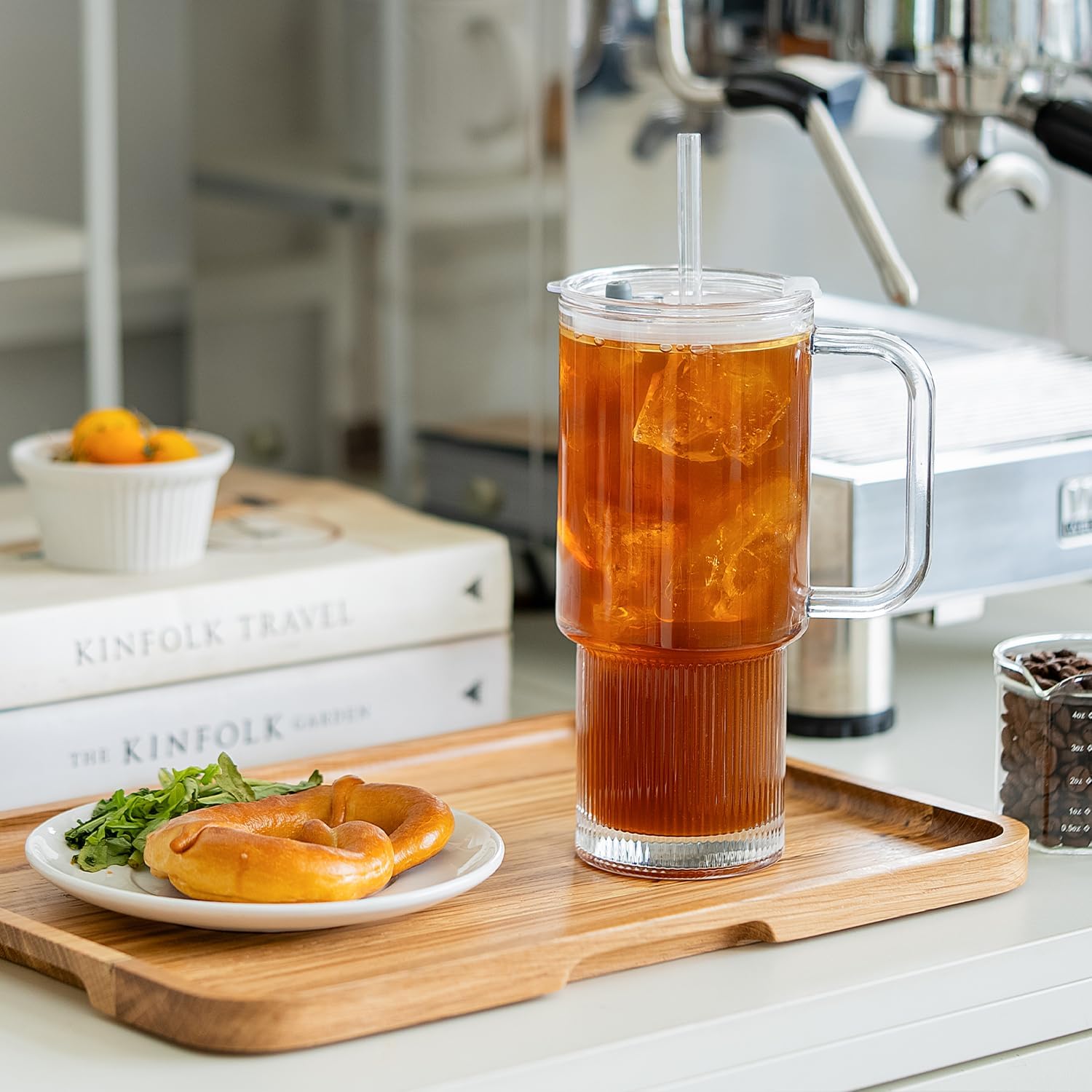 KEMORELA 26oz Ribbed Glass Mug with Handle and Lid – Large Clear Tumbler for Iced Coffee, Tea, Smoothies & Hot Drinks, Reusable Glass Cup with Straw, Dishwasher Safe, Travel Friendly - Image 9