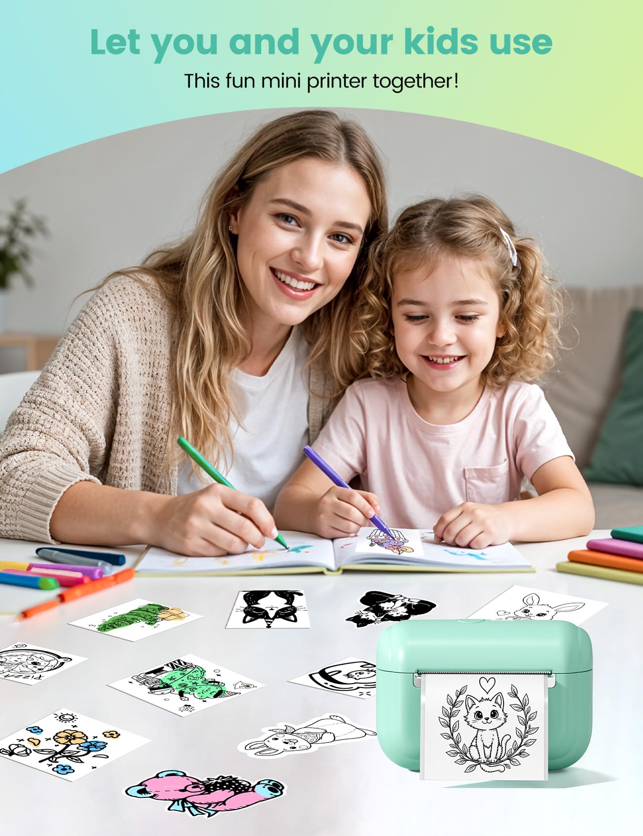 Memoking Mini Impresora térmica portátil con 3 Rollos de Papel Adhesivo, Q02E Bluetooth Impresora de Pegatinas para Estudiantes, para Notas de Estudio, Fotos, creación, anatómicos, Regalo (Verde)