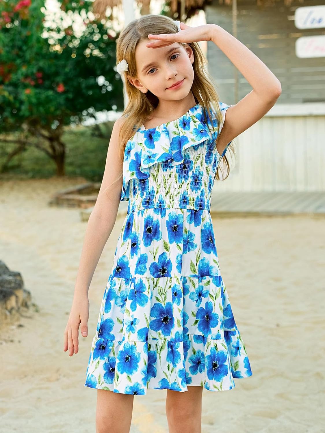Haloumoning Girls Floral Dress Kids One Shoulder Ruffle Trim Summer Boho Holiday Dress 5-14 Years - Image 4