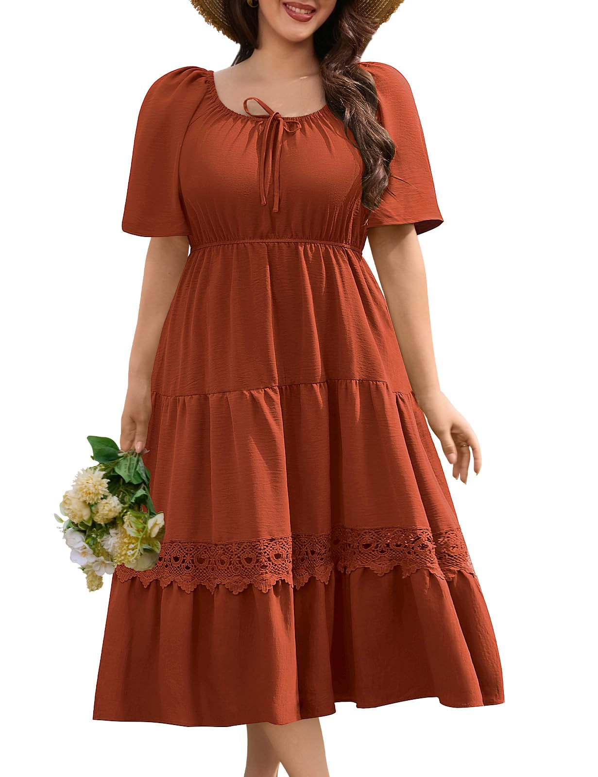 CMTOP Sommerkleid Damen Große Größen Kleider Sommer Maxikleider Elegant Quadratischer Ausschnitt Midikleid Gerafft Lang Freizeitkleid Leicht Fließend Strandkleid Kurzarm A Linie
