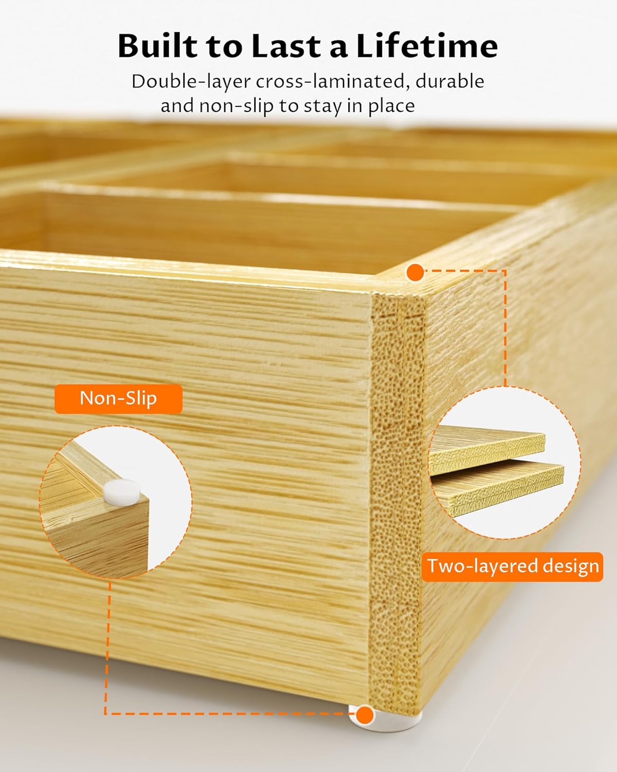12 Compartments Silverware Drawer Organizer, 6 Piece Bamboo Utensil Tray Set for Kitchen Spoons Forks Knives, Adjustable Cutlery Holder with Removable Dividers for Flatware, Bedroom & Living Room