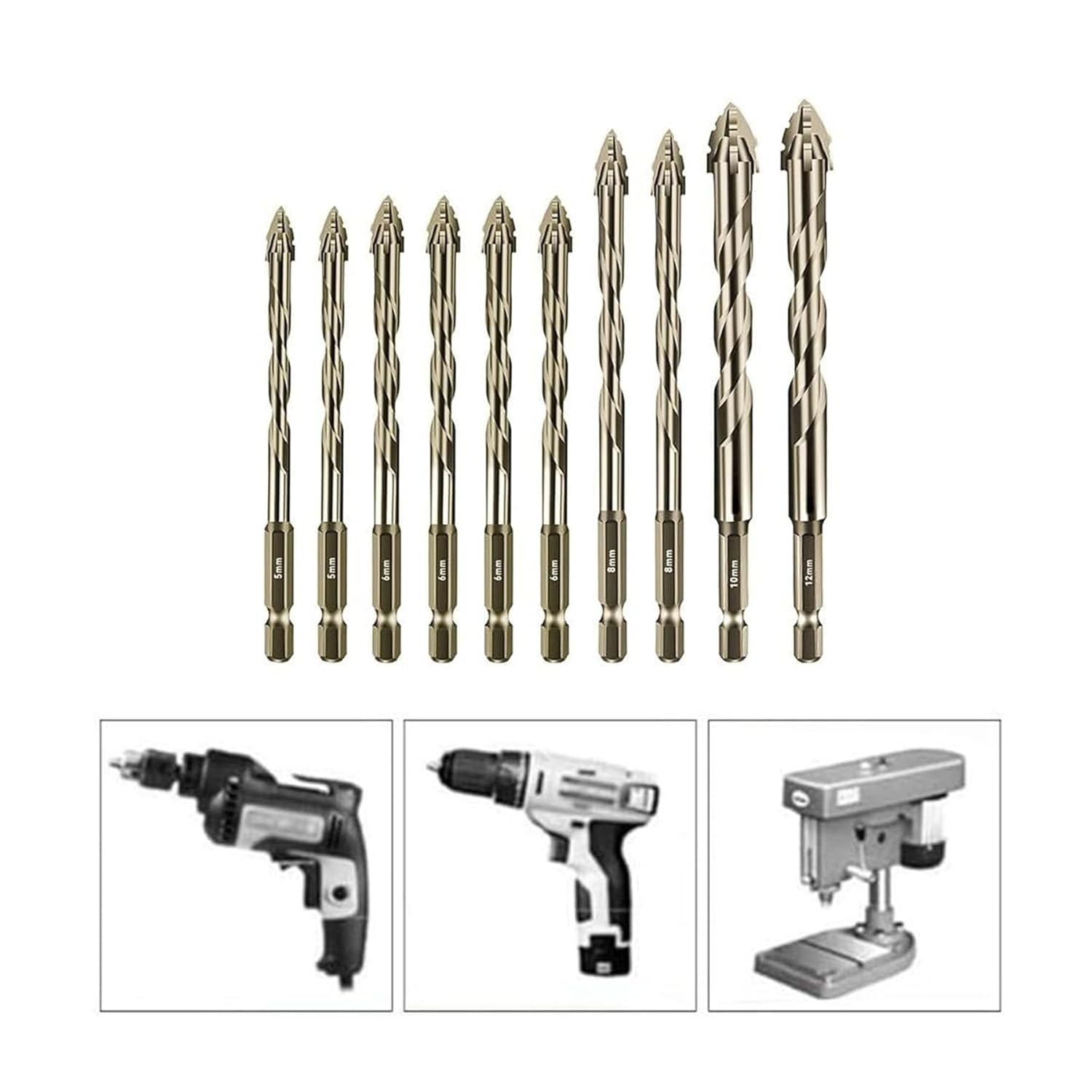 4 Flute Eccentric Drill Bits Set, Carbide, 10 Pieces, 5mm to 12mm, Hex Shank, for Wood and Metal, Yellow Finish