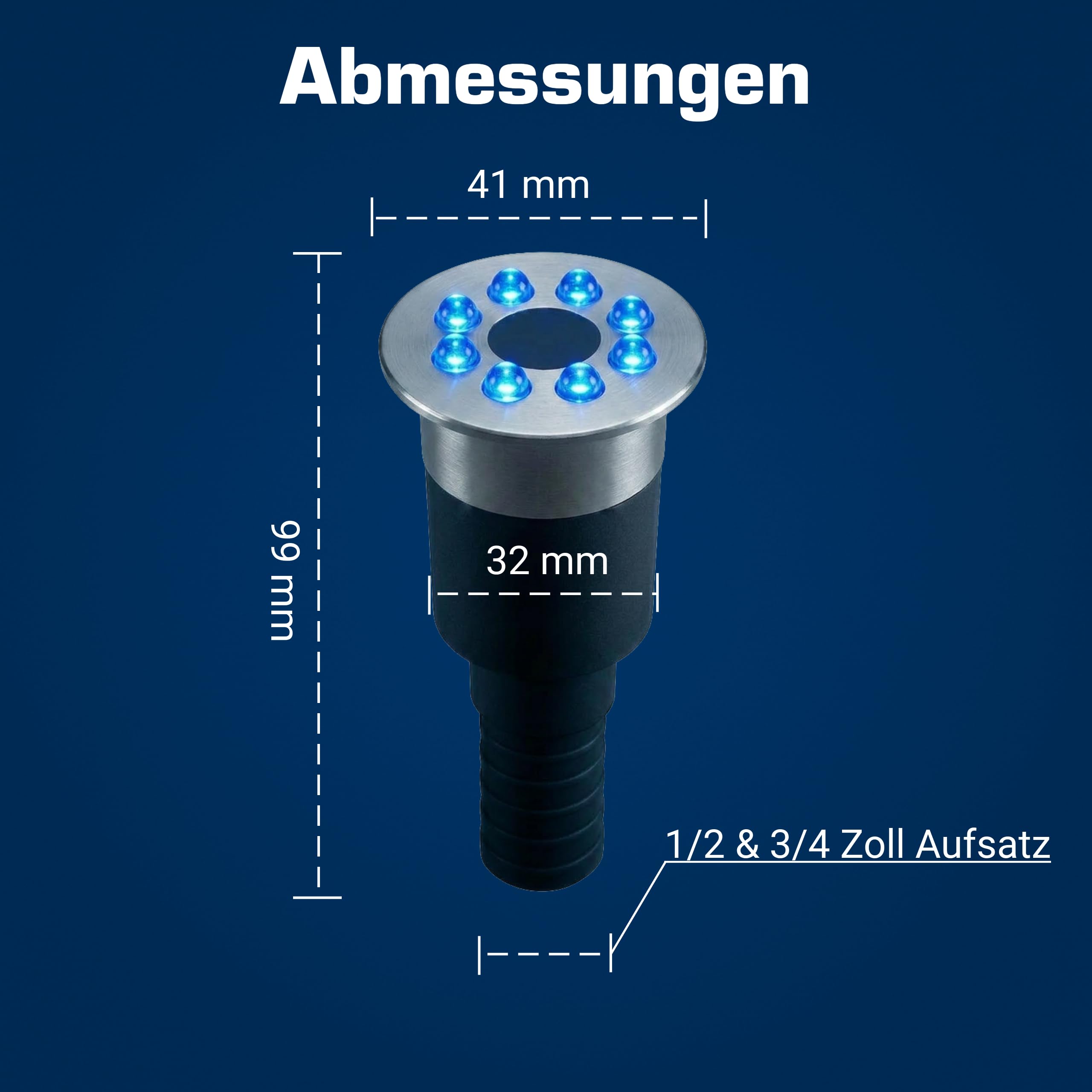 Kerry Electronics Wasserspielleuchte blau, inkl. Trafo, 0,6 Watt, IP68, 12V, 103 LUX, 650 cm Kabel, 8 LED, LED Ring Brunnen, Wasserspielbeleuchtung | Unterwasserlicht | Unterwasserstrahler