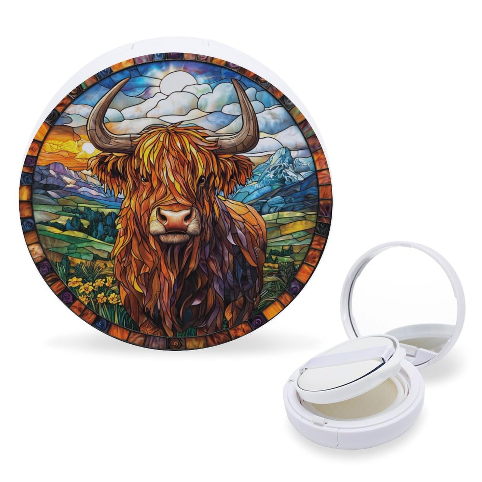 Hayyett A Highland Cow Stained Glass Air Cushion Puff Box Portable Cosmetic Makeup Case Container,Loose Powder Foundation Container