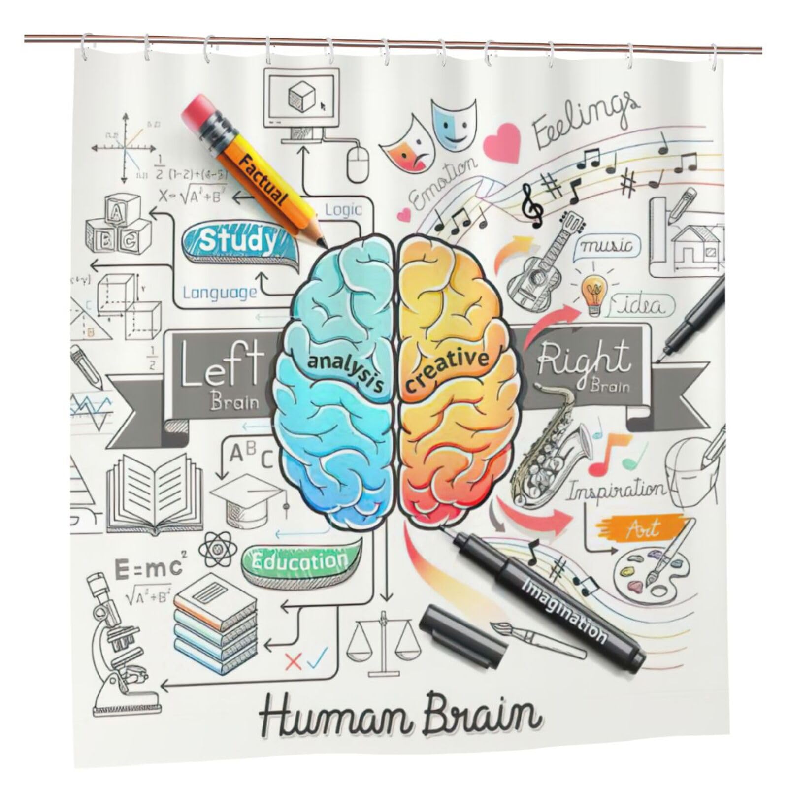 Rideau de douche imprimé cerveau 183x183 cm en polyester avec 12 oeillets