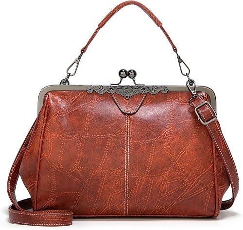 Bolsos vintage para mujer Kiss Lock para mujer, cuero aceitado, bolso de mano