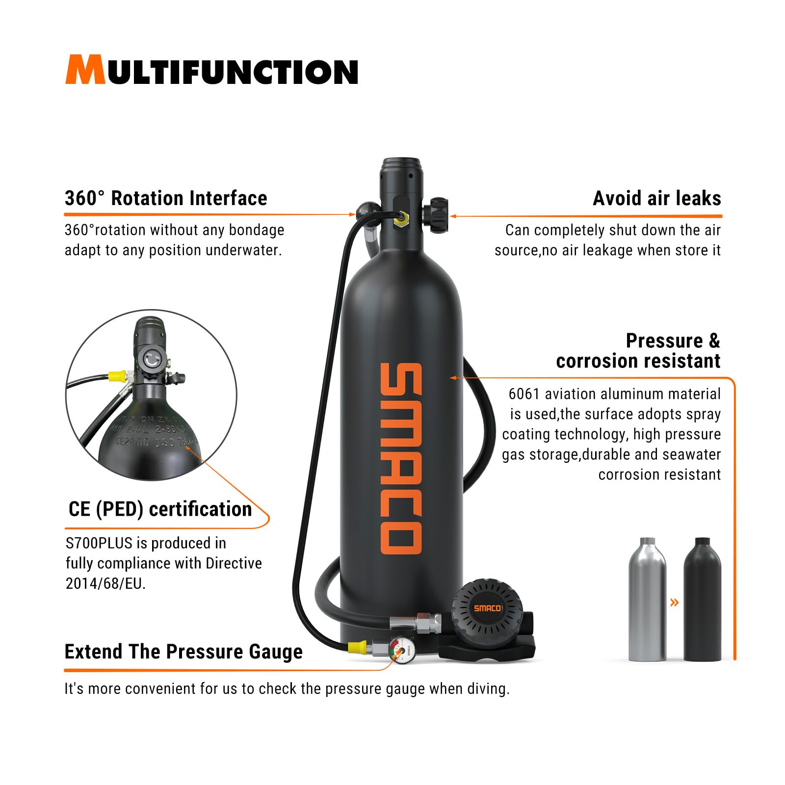 SMACO Mini Botella de Buceo 2 litros Portatil Bombona de Buceo para Respiración Subacuática Pequeñas Botella Submarinismo Tanque de Buceo Recargable para Viajes Nadar Rescate S700 Plus