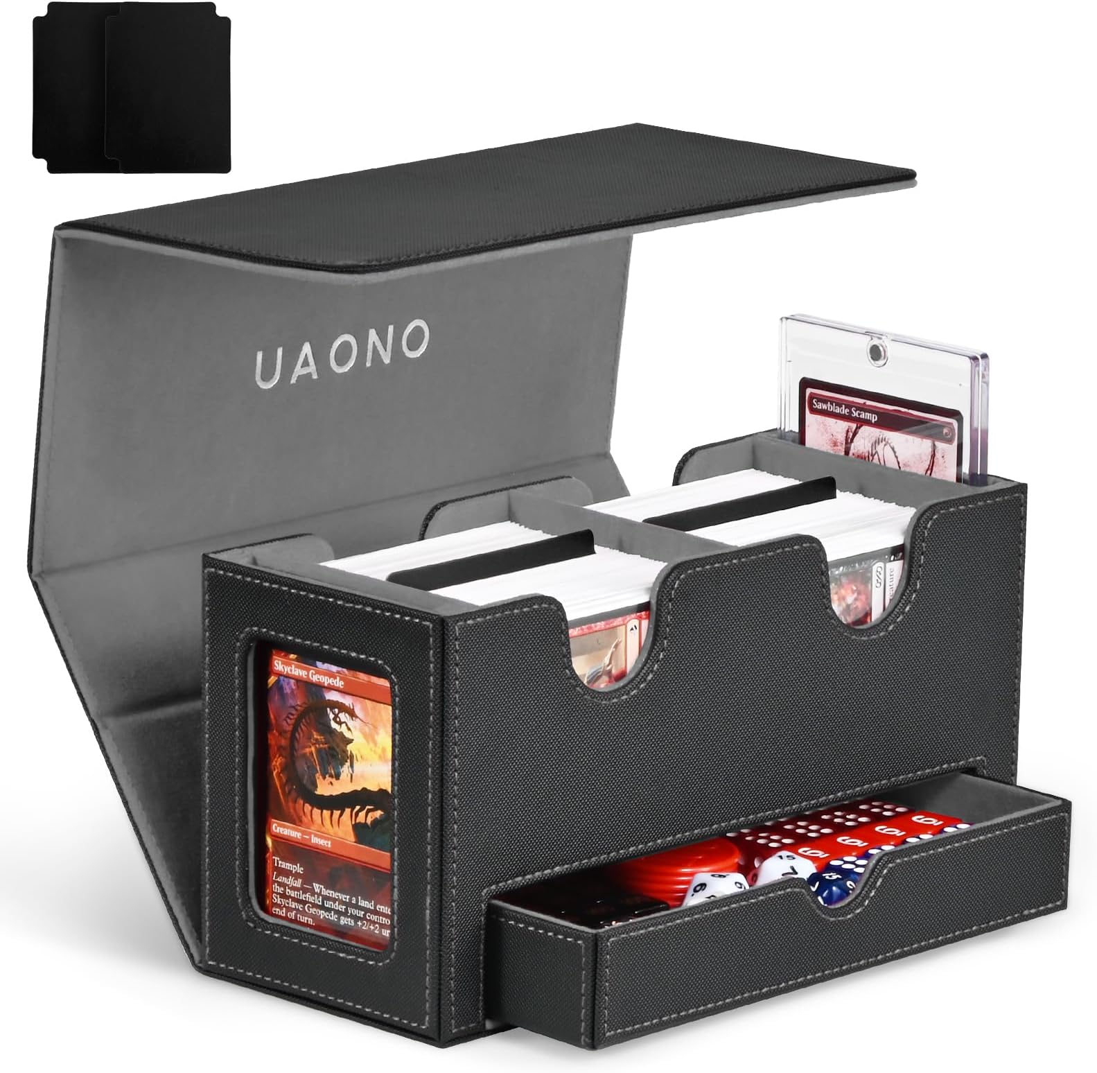 UAONO MTG Commander Deck Box, 3-in-1 Magnetic Card Box with 2 Top Loaders Display & 1 Dice Tray, Fits 200 Double Sleeved, Card Organizer Compatible with Magic the Gathering(Black Gray)