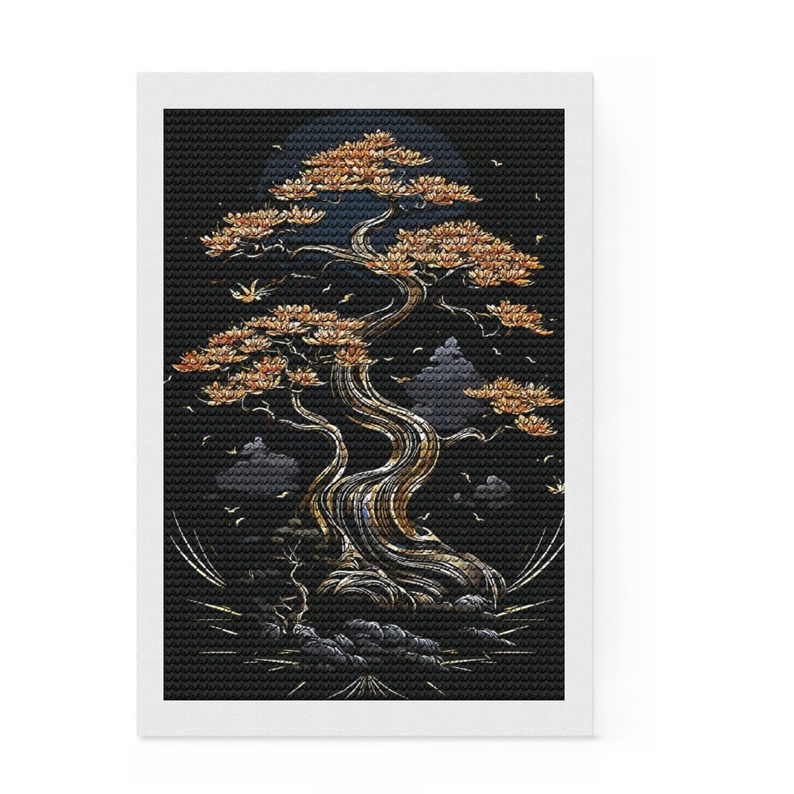 Junmoney Cherry Blossoms Gold Full Drill Diamond Painting Kit 8"x12", Office Decor, for Beginners, Full Kit Included, Christmas Gift