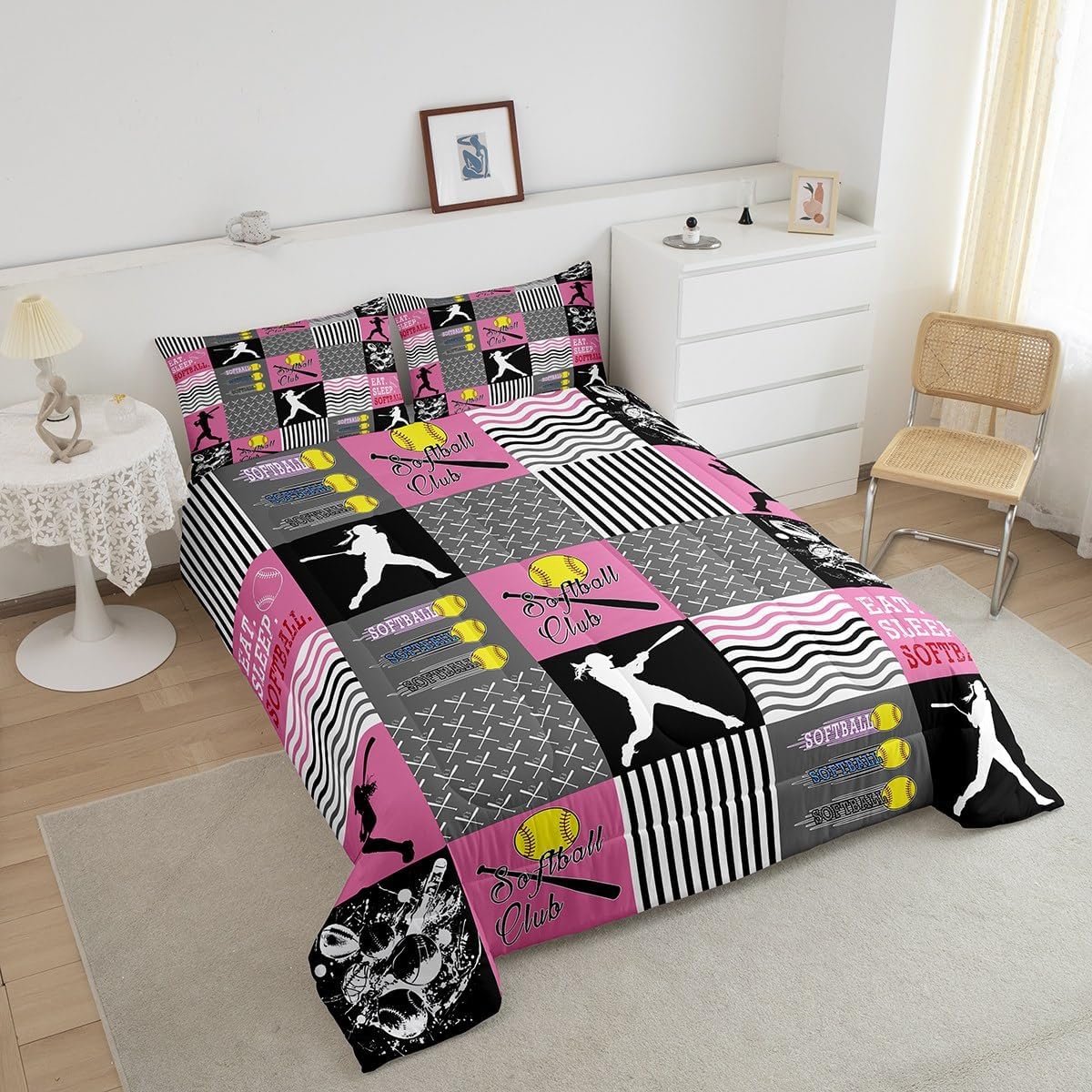 Feelyou Softball Comforter Set Queen Size for Kids Teens Girls Woman Gift for Softball Lover Bedding Set Ultra Soft Baseball Duvet Quilt Ball Sports Theme Duvet Bedroom Decor Sports Game