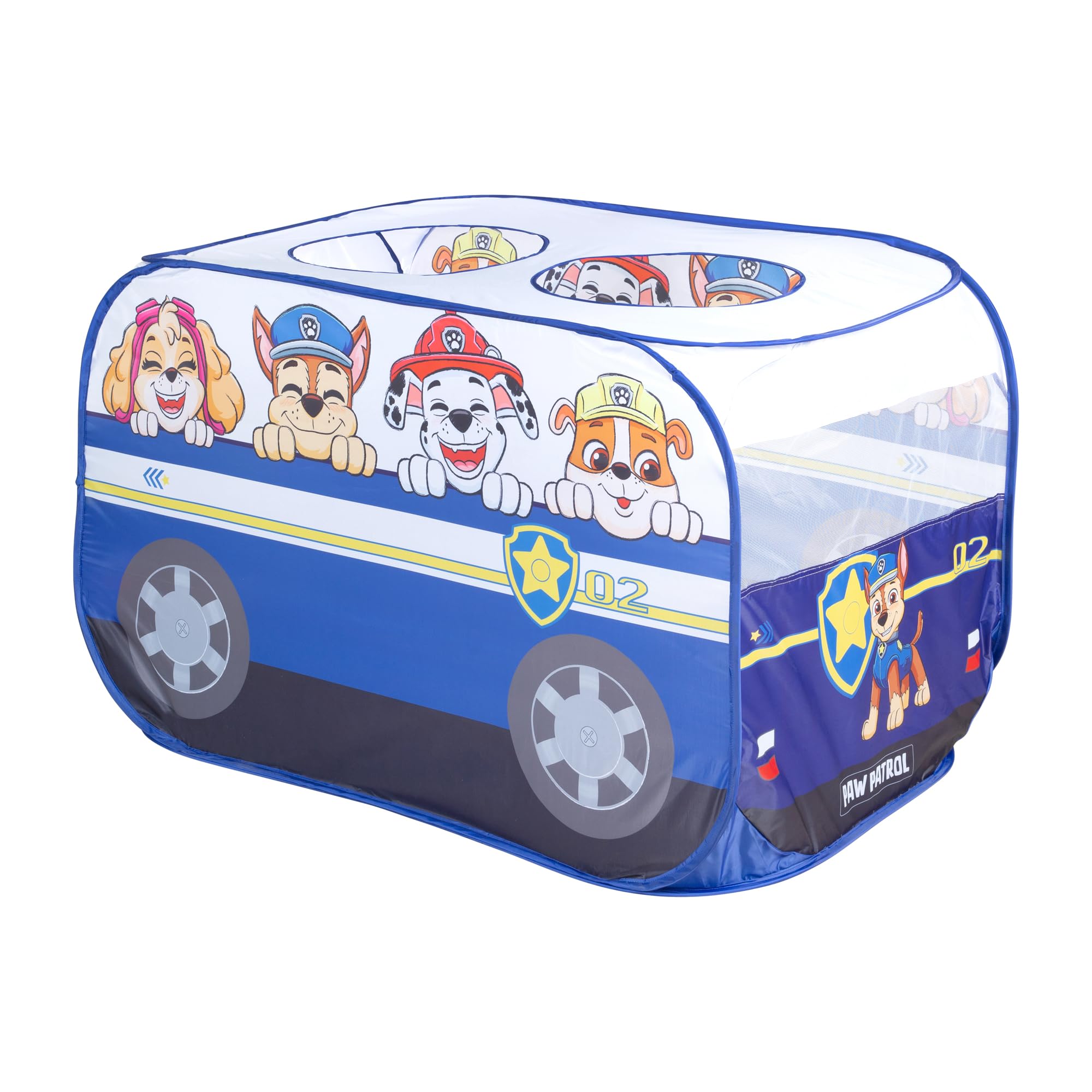 roba Paw Patrol Tienda de Juego - Carpa Infantil en Forma de Coche de Policía - Función Plegable + Bolsa de Transporte - Diseño de Perros Chase, Marshall, Rubble, Skye - Azul/Blanco