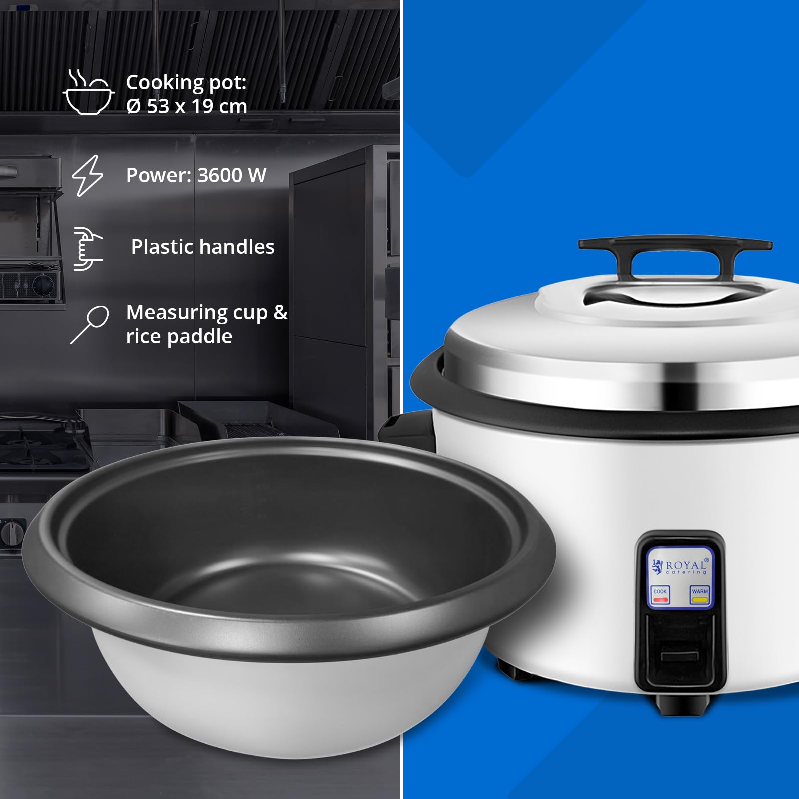Royal Catering Cuiseur à riz 27 L 3600 W pour 60 tasses de riz cru, cuisson one-touch, maintien au chaud automatique, poignée anti-brûlure, pot amovible antiadhésif, avec tasse et spatule Multicuiseur
