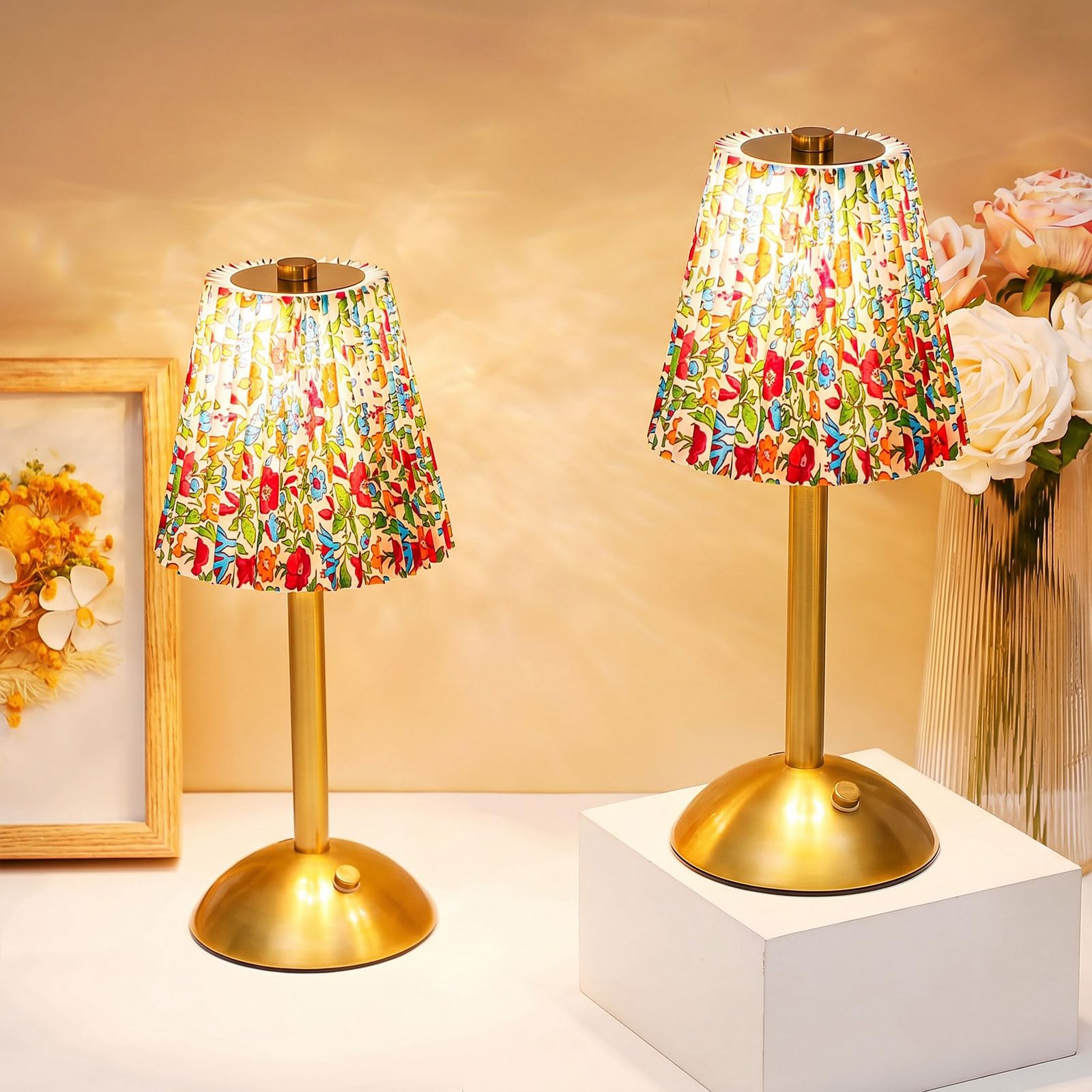 Liliful 2 Pcs Cordless Table Lamp LED Touch, Gold, Floral Style