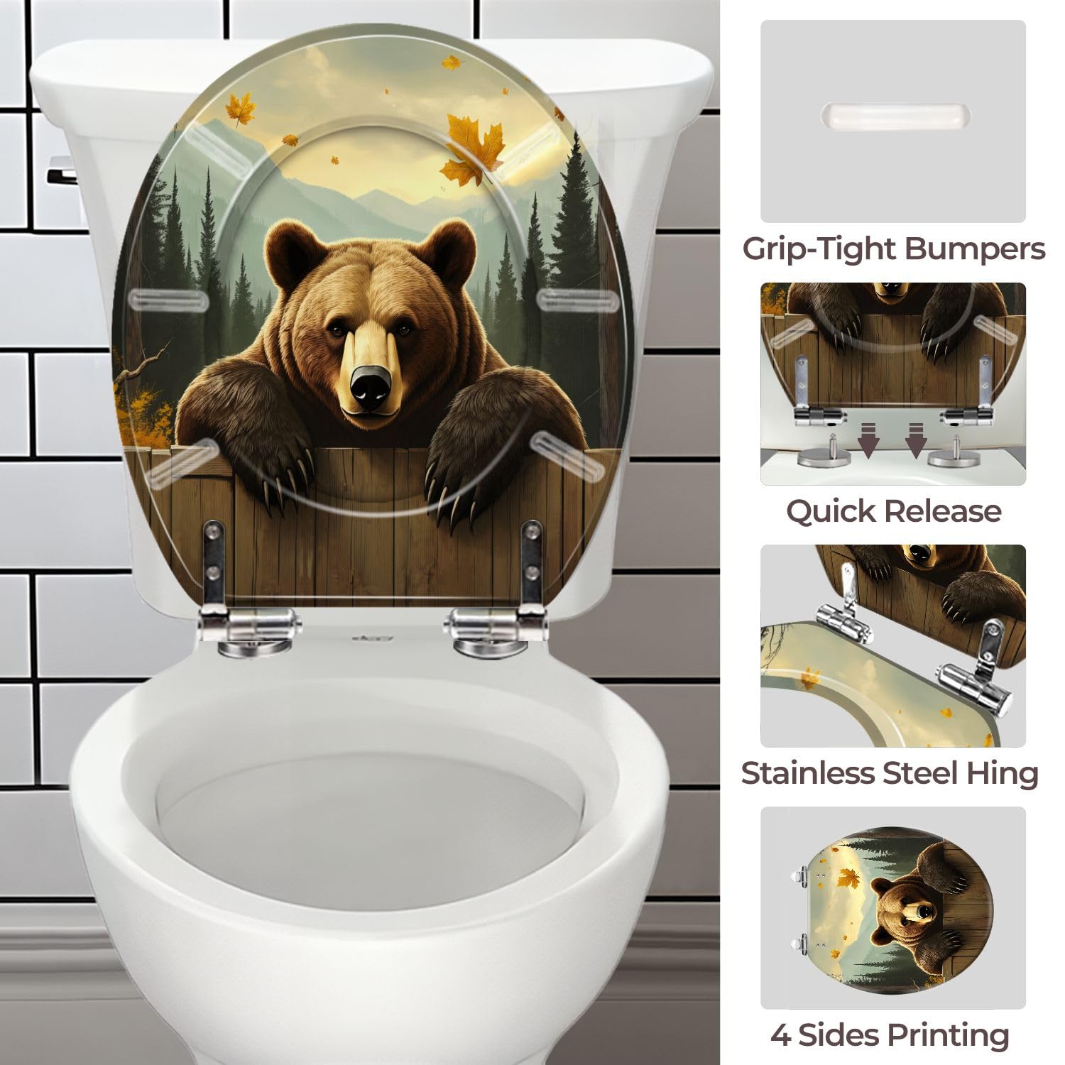 Asiento de inodoro de resina con diseño de oso grizzly para baño.