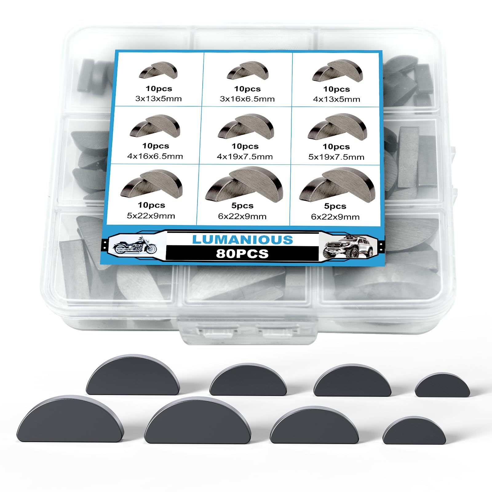 Lumanious 80pcs Woodruff Key Assortment Metric Set 8 Popular Sizes Carbon Steel Woodruff semicircle Key - Half Moon Key for Fasteners Mechanical