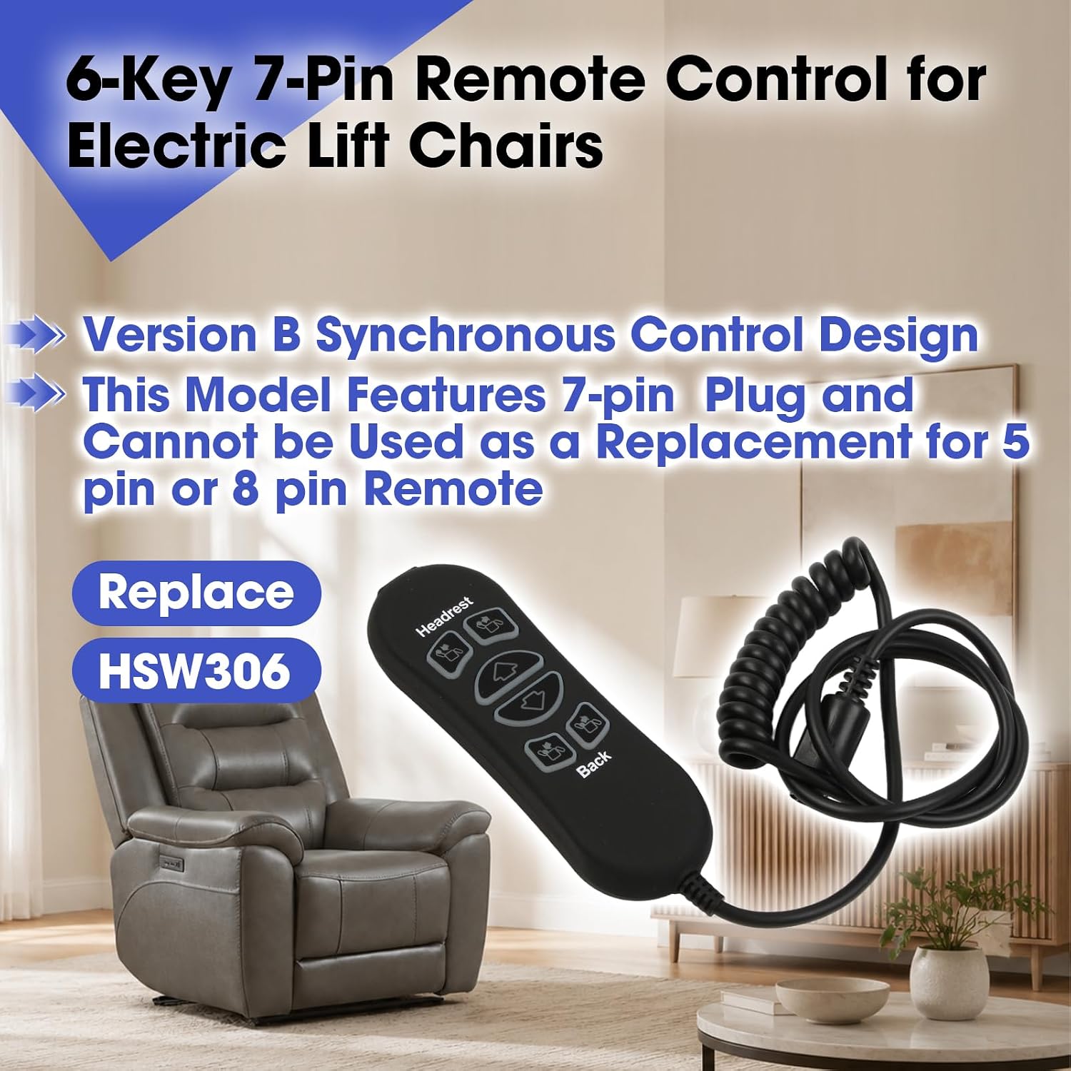 6 Button 7 Pin Lift Chair Remote Controller Replace HSW306, Backrest and Footrest are Controlled Separately (Version B)