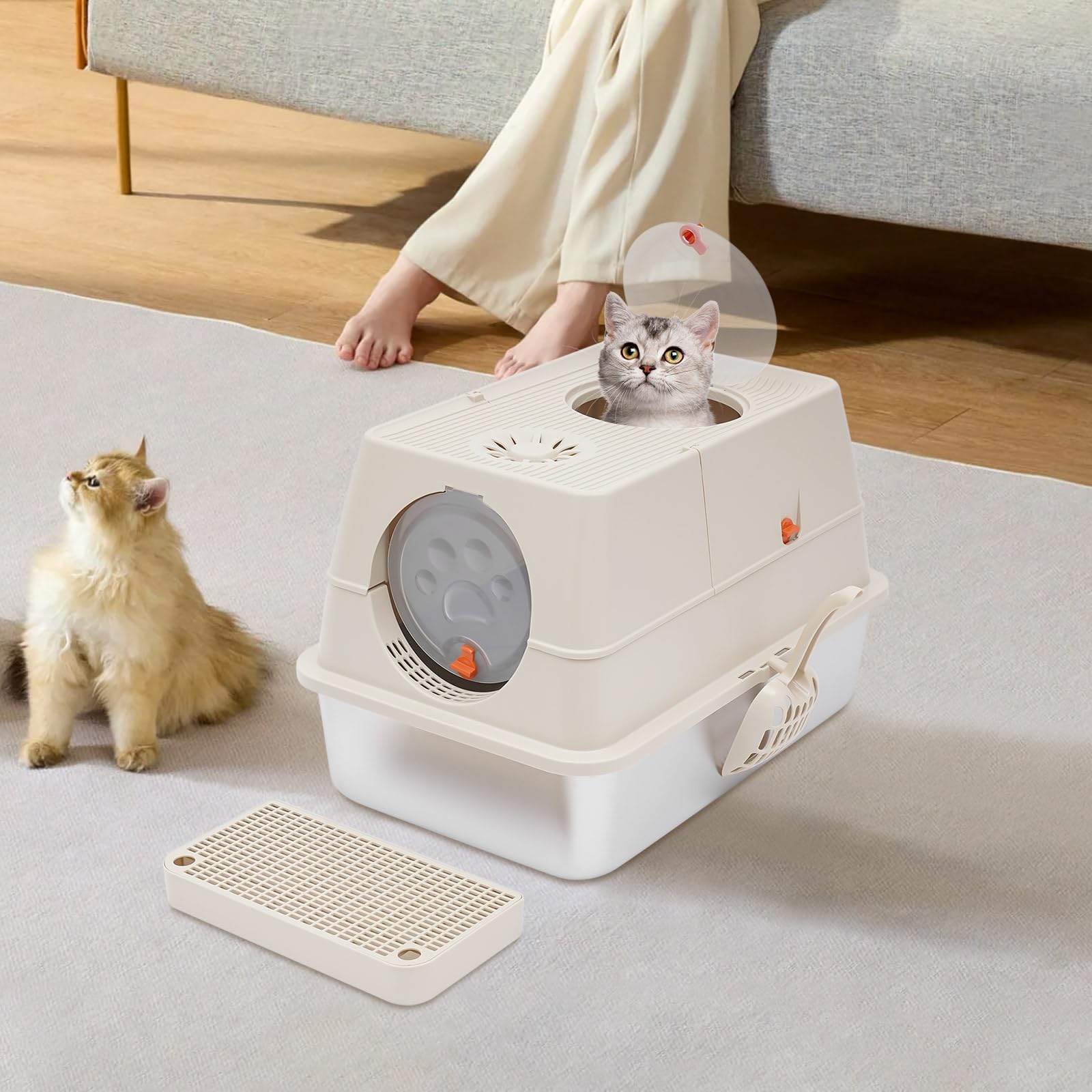 Lettiera chiusa per gatti da 28 l, 60 x 40 x 39 cm, con filtro antiodore e cuscinetti antiscivolo, lettiera per gatti di grandi dimensioni fino a 10 kg, cachi
